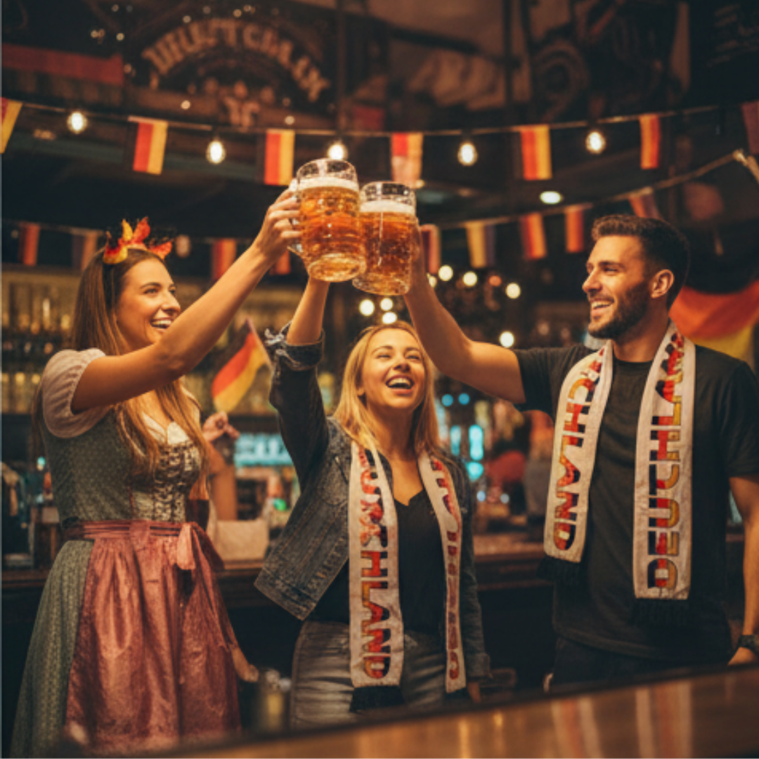 Drei lachende Freunde stoßen mit Bierkrügen an, dekoriert mit Deutschlandflaggen.
