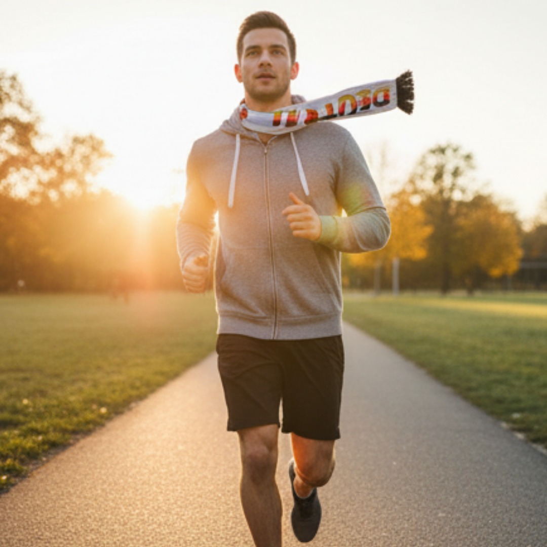 Ein Mann in Trainingskleidung läuft auf einem Weg, im Herbstsonnenlicht.