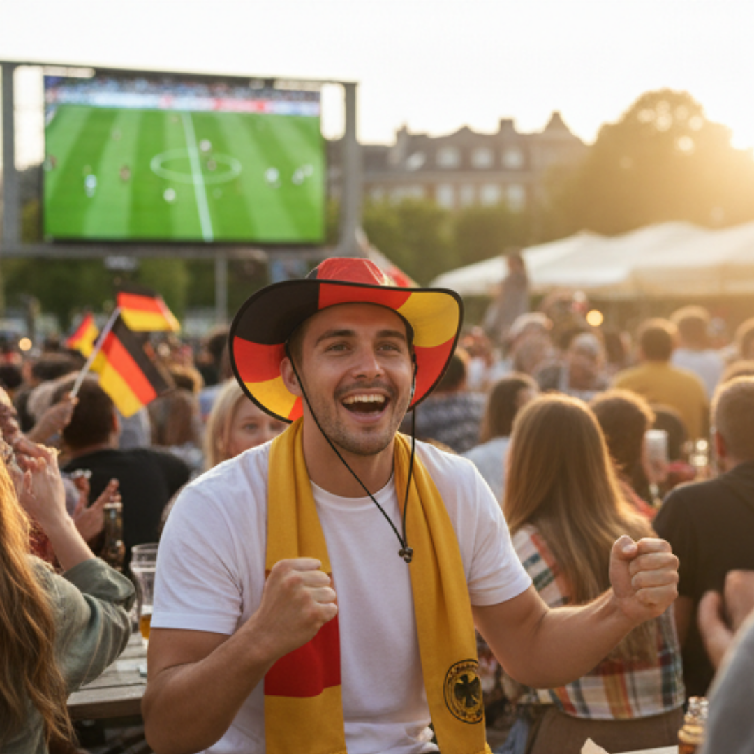 Begeisterter Fan in deutscher Hut und Schal jubelt bei Leinwand im Freien mit Fußballspiel.