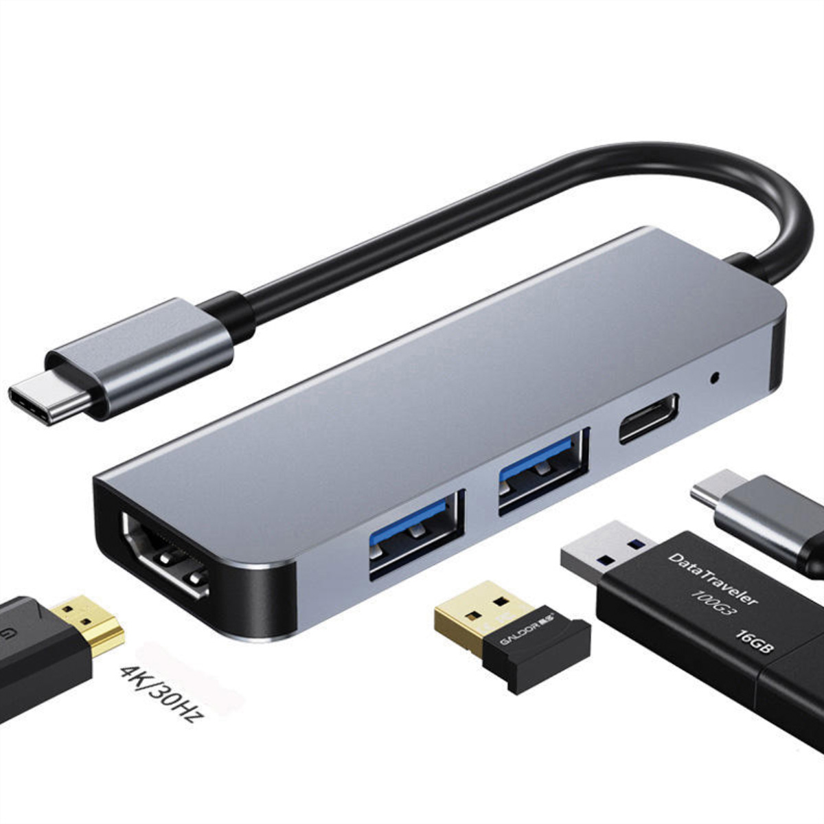 Hub USB-C argenté avec HDMI, 2 ports USB-A, 1 port USB-C et un câble.