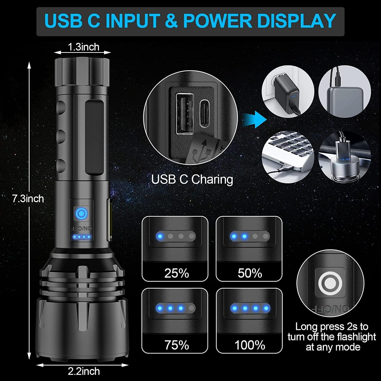 Eine schwarze Taschenlampe mit USB-C-Anschluss und Ladeanzeige wird gezeigt.