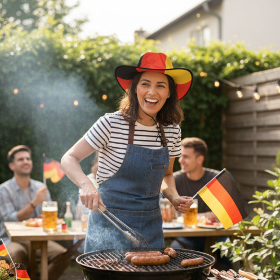 Frau mit deutschem Hut grillt Würstchen bei einer Gartenparty mit Freunden.