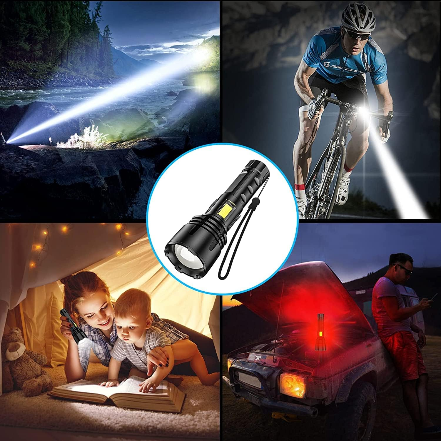 Vier Szenen mit Taschenlampe: Nachtwanderung, Radfahrer, Kinder im Zelt, Auto mit rotem Licht.