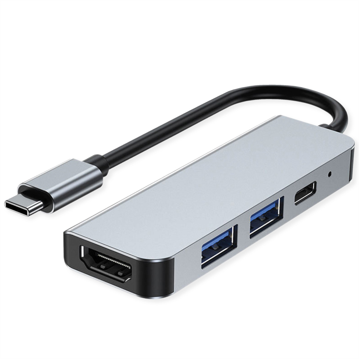 Un hub USB-C argenté avec ports HDMI, deux USB-A et un USB-C.