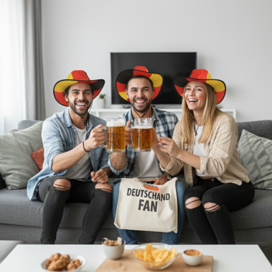 Drei Fans in Deutschland-Hüten trinken Bier und jubeln, Sitzen auf Sofa mit Snacks.