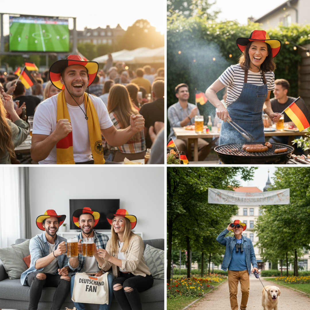 Fans in Deutschland-Hüten jubeln bei einem Fußballspiel im Freien und beim Grillen.