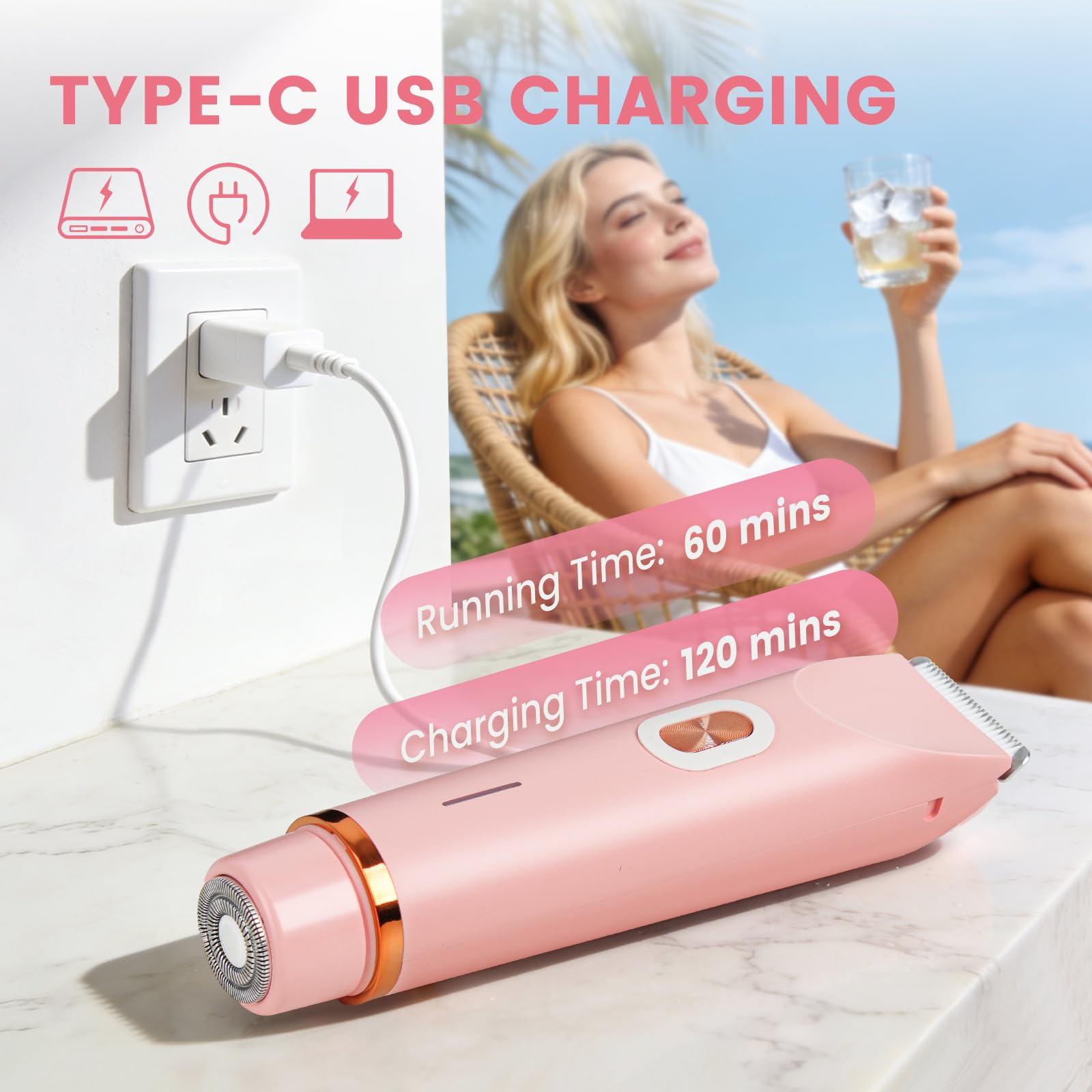 Pinker USB-C-Trimmer lädt in der Nähe einer Steckdose. Frau mit Getränk im Hintergrund.