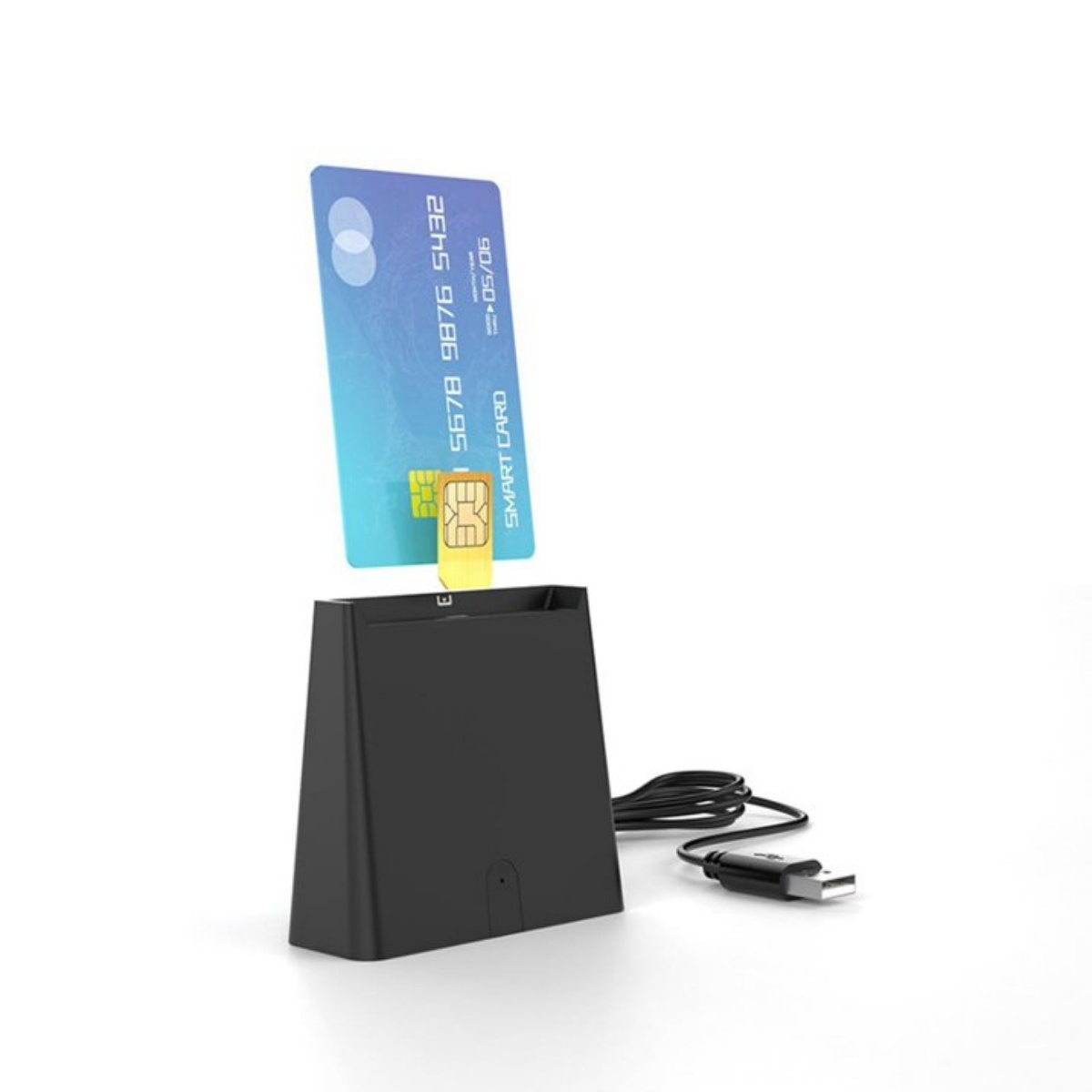 Ein schwarzer Kartenleser mit einer blauen Smartcard und SIM-Karte, per USB verbunden.