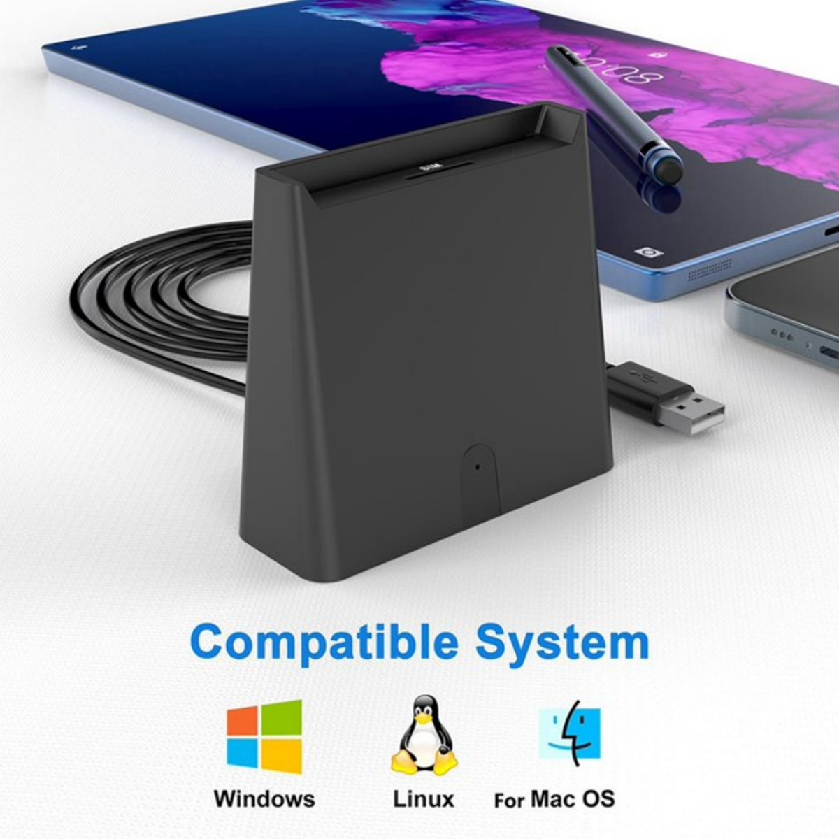 Schwarze Dock mit Tablet, Stift, Telefon und USB-Kabel. Zeigt Windows, Linux, Mac OS Logos.