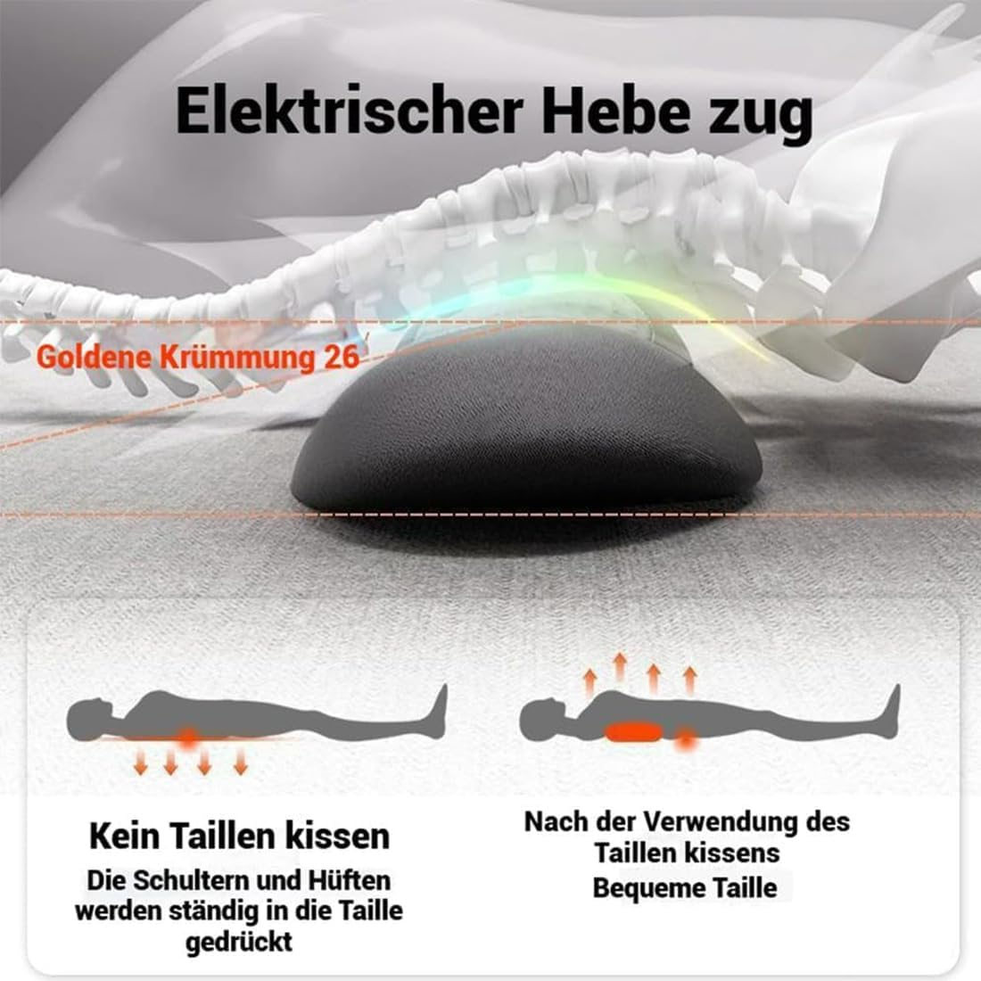 Vergleich von Wirbelsäulenhaltung mit und ohne Taillenkissen, mit Diagramm.