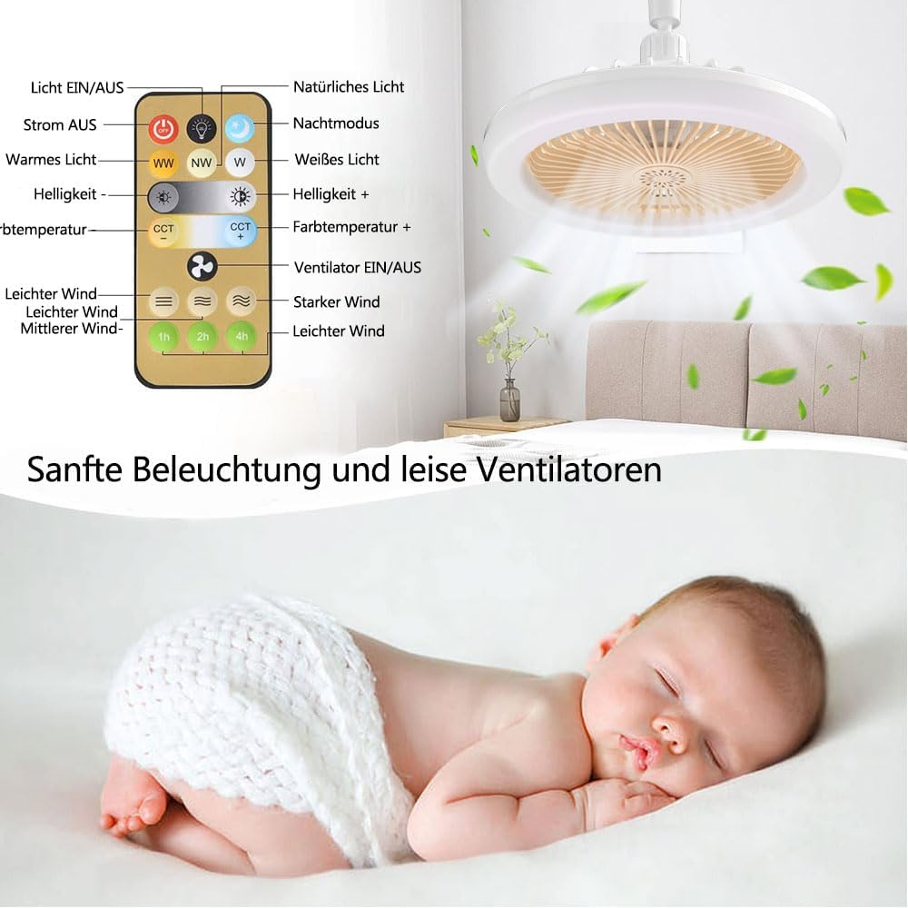Deckenventilator mit Licht und Fernbedienung über einem schlafenden Baby.