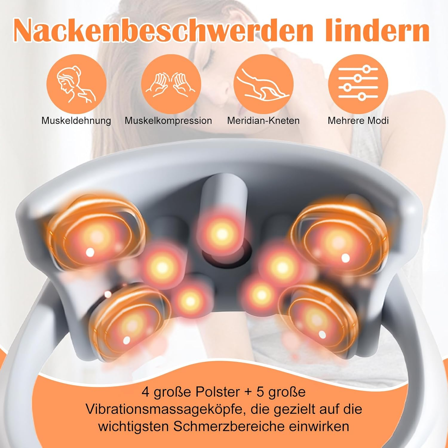 Nackenmassagegerät mit 4 Polstern und 5 Vibrationsköpfen, lindert Nackenschmerzen.