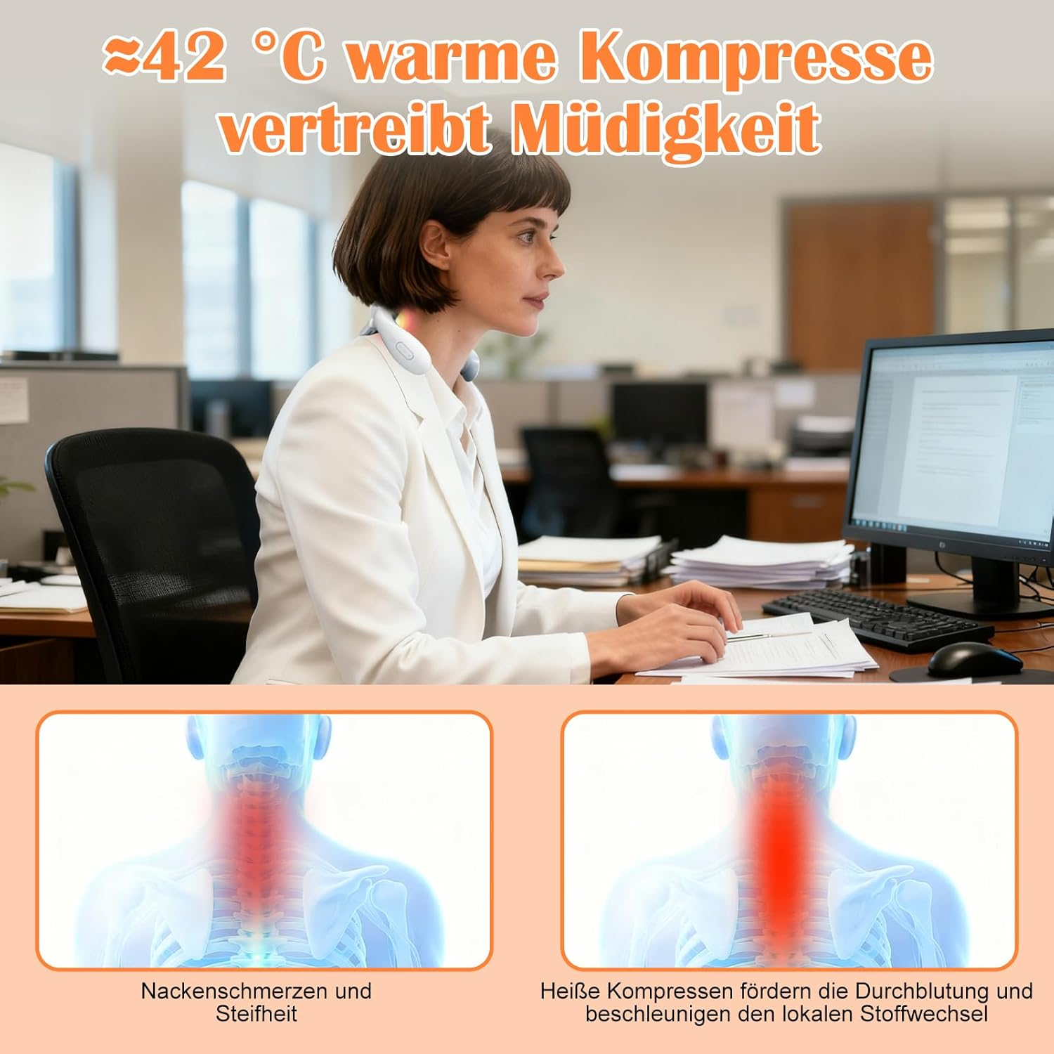 Frau im Büro mit Nackenkompressionsgerät. Unten: Nackenschmerzen & verbesserte Durchblutung.