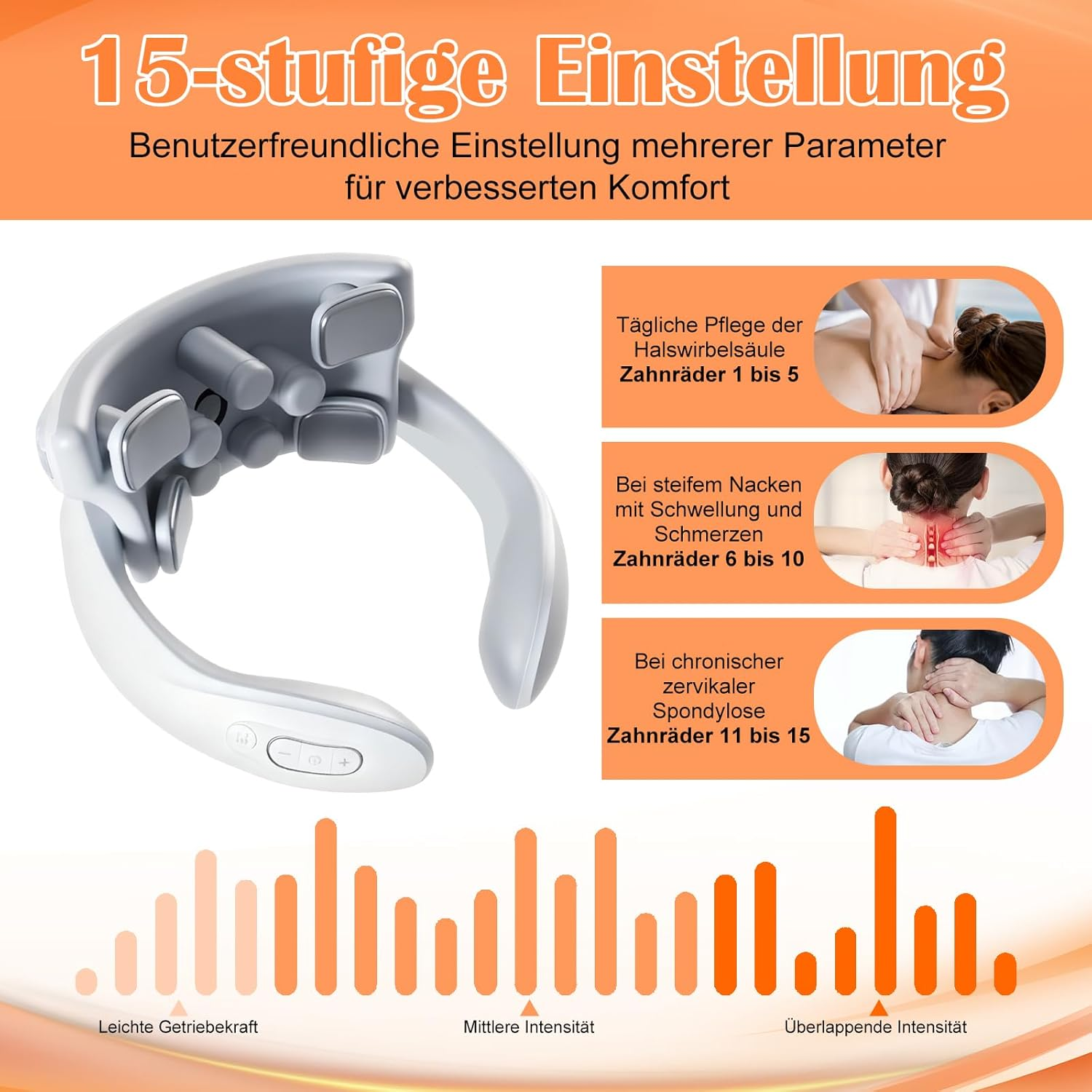 Ein Nackenmassagegerät mit 15 Stufen, zeigt verschiedene Einstellungen und Anwendungsbeispiele.
