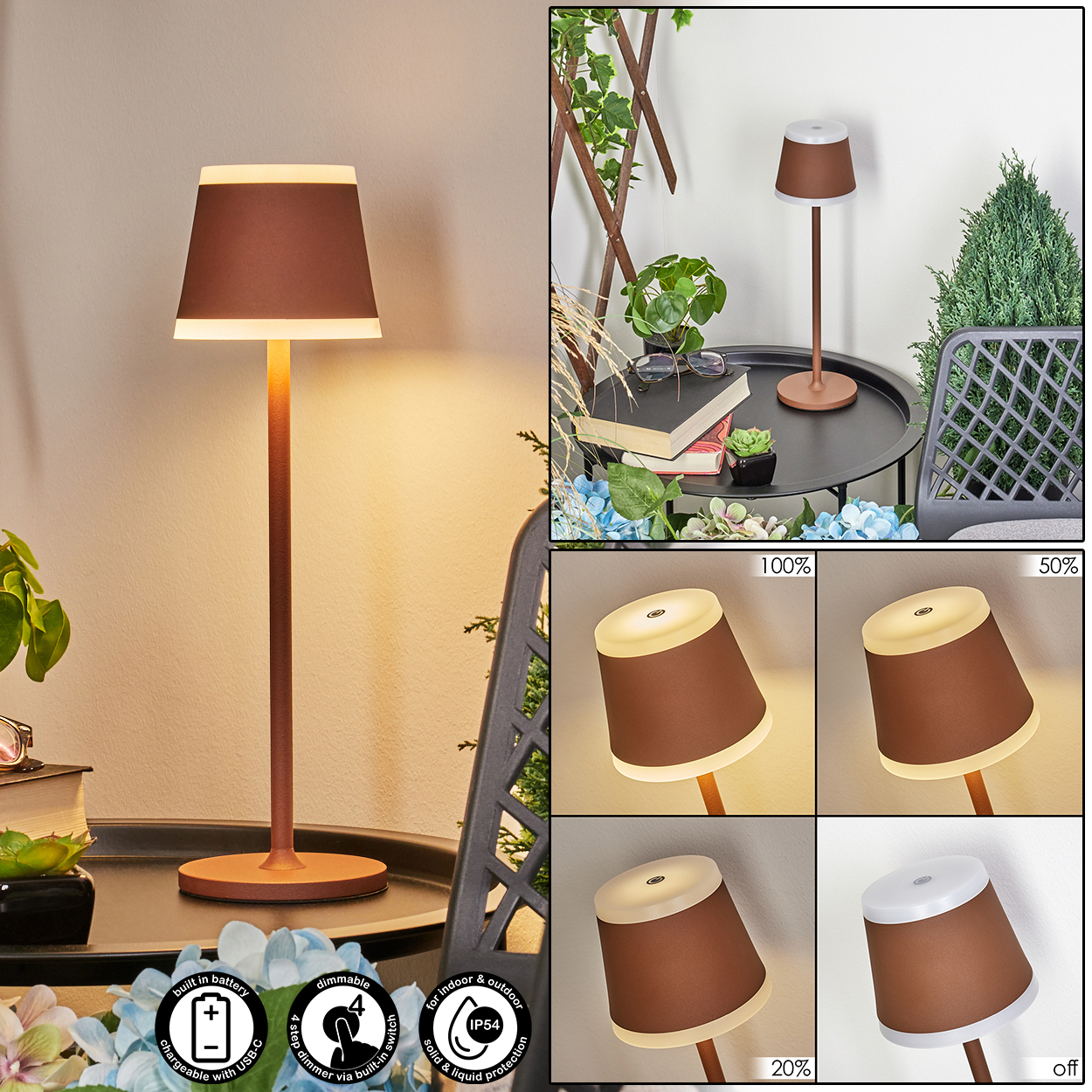 Eine braune Tischlampe mit dimmbarem Licht, IP54, auf einem Tisch mit Büchern und Pflanzen.