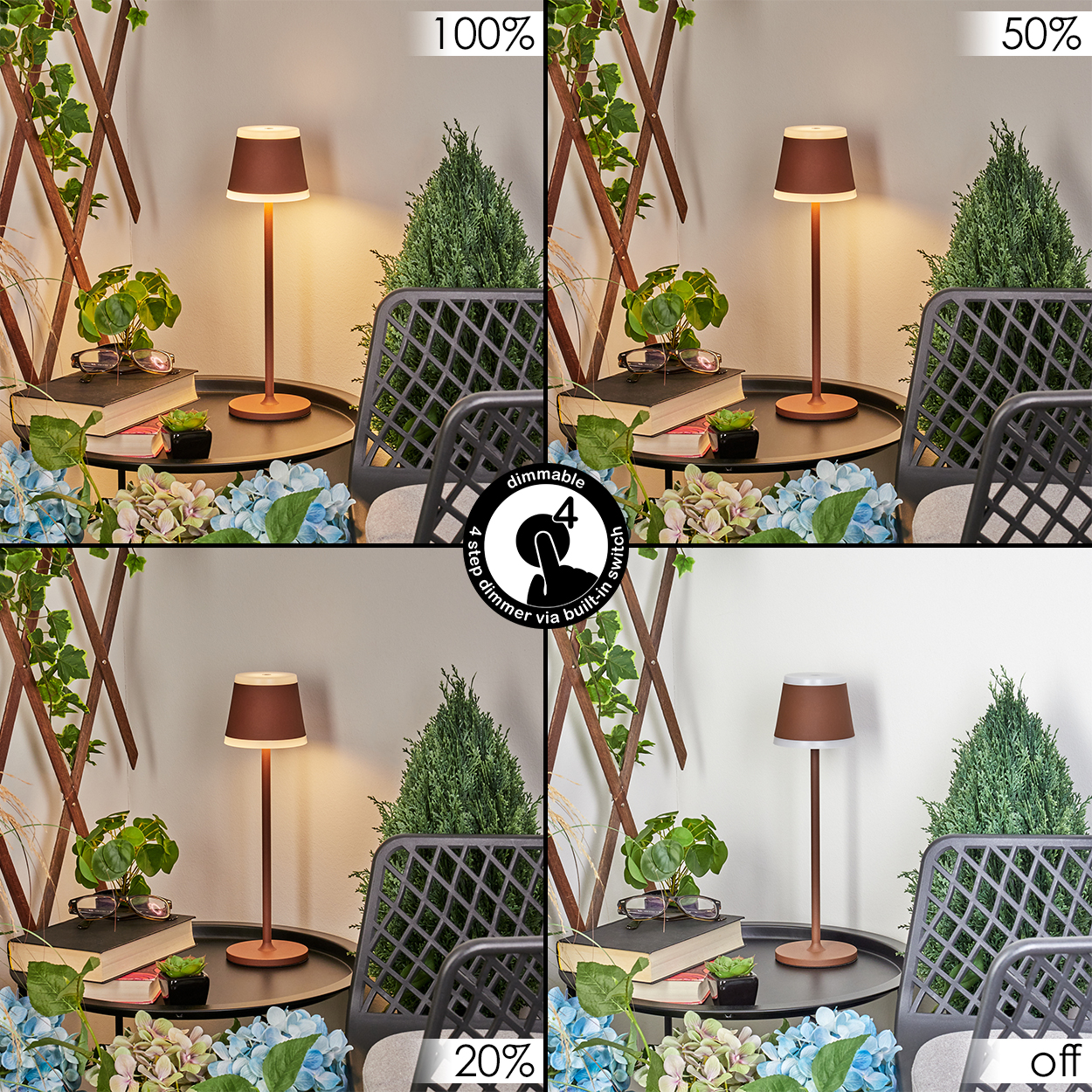 Vier Bilder zeigen eine dimmbare Tischlampe bei 100%, 50%, 20% und aus.