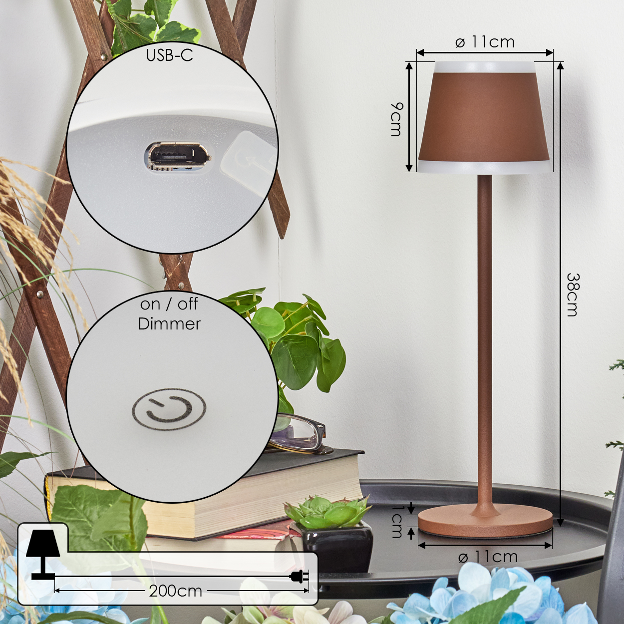 Eine braune Nachttischlampe mit USB-C-Anschluss und Dimmerfunktion.