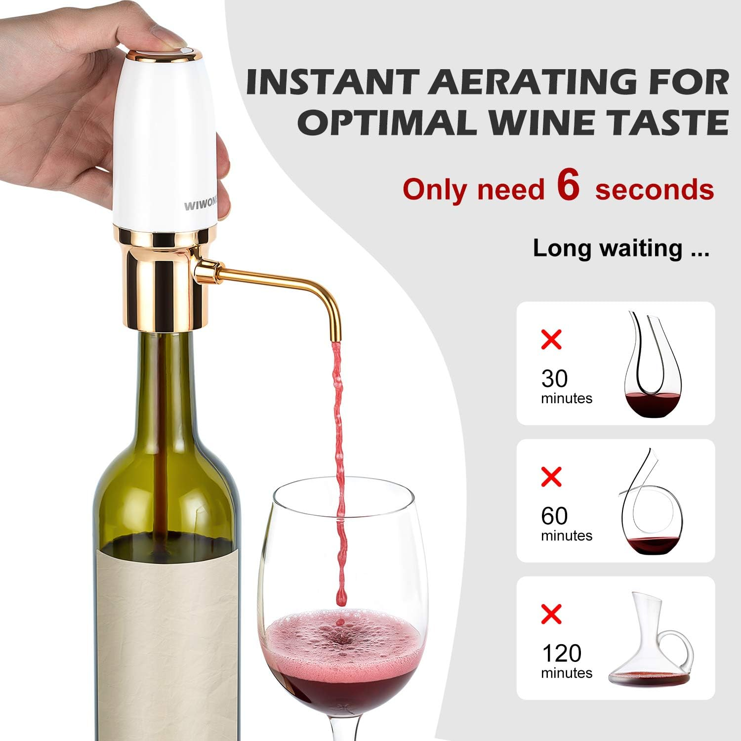 Ein automatischer Weinbelüfter aus Weißgold pumpt Rotwein in ein Glas von einer Weinflasche.
