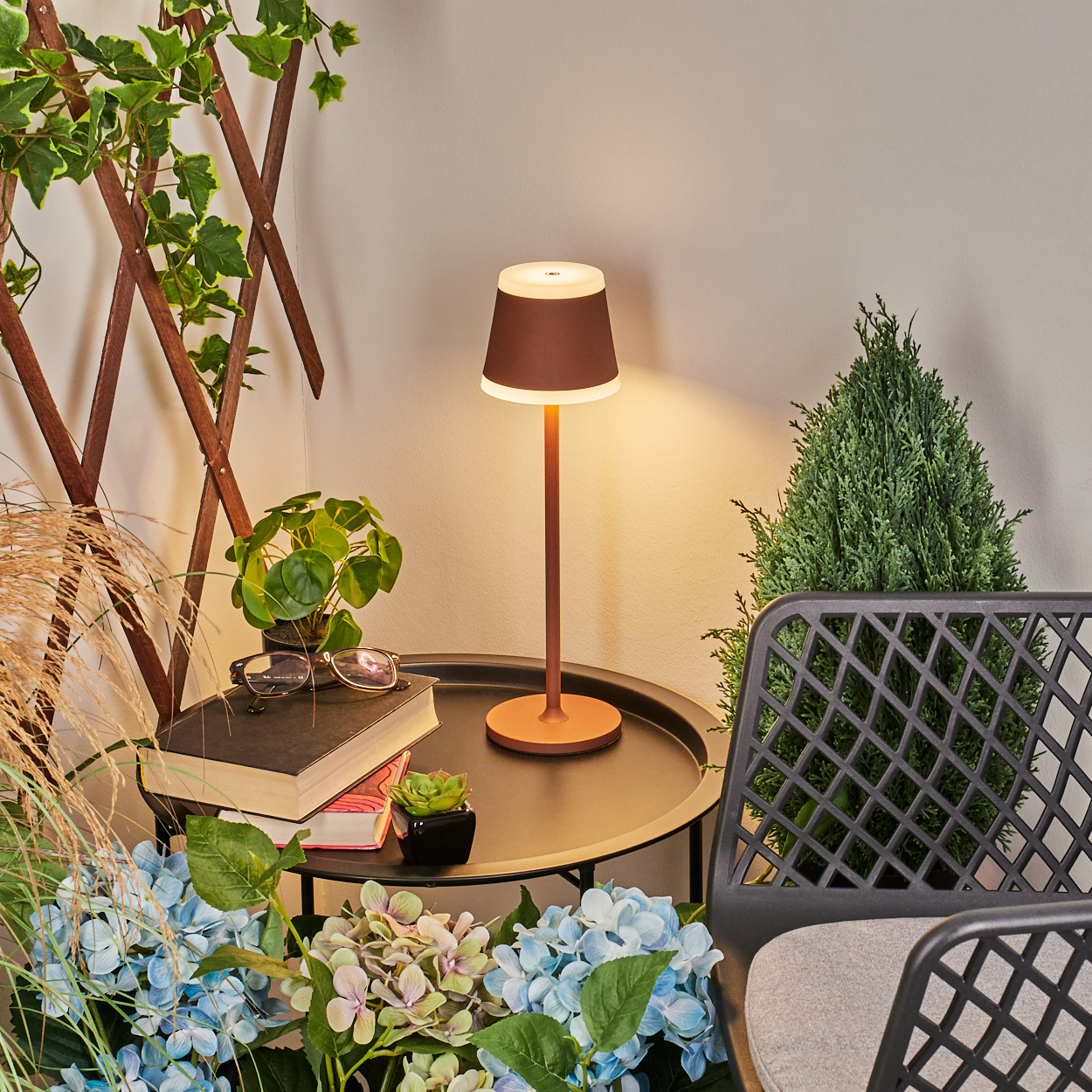 Eine braune Schnurloslampe auf einem schwarzen Tisch mit Büchern, Pflanzen und blauen Blumen.