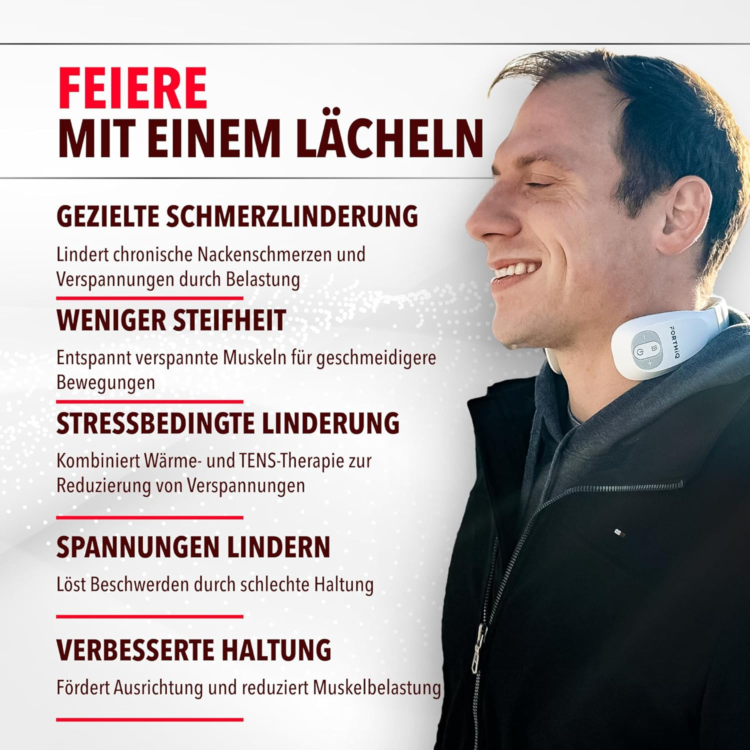 Mann lacht mit Nacken-Massagegerät. Text: Feiere mit einem Lächeln.