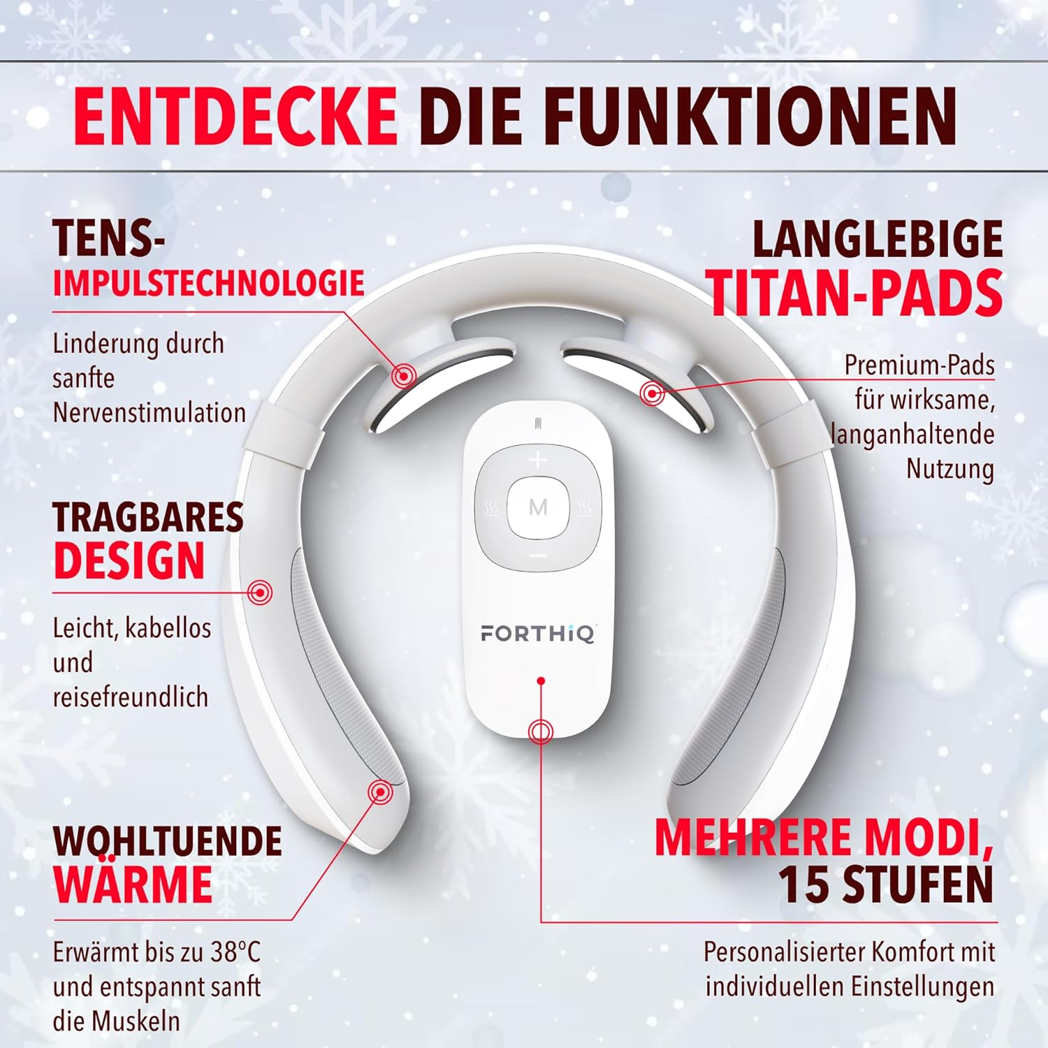 Ein weißes Nackenmassagegerät mit Fernbedienung und Funktionen wie TENS, Wärme.