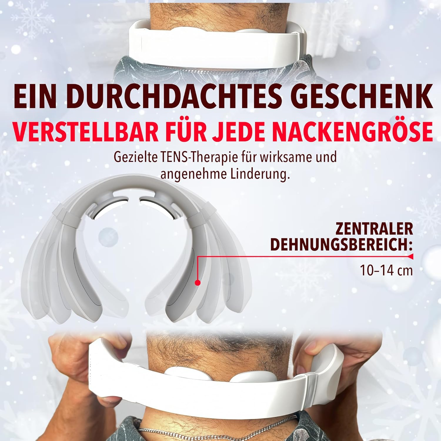 Ein verstellbares Nackengerät für TENS-Therapie mit einem Dehnungsbereich von 10-14 cm.