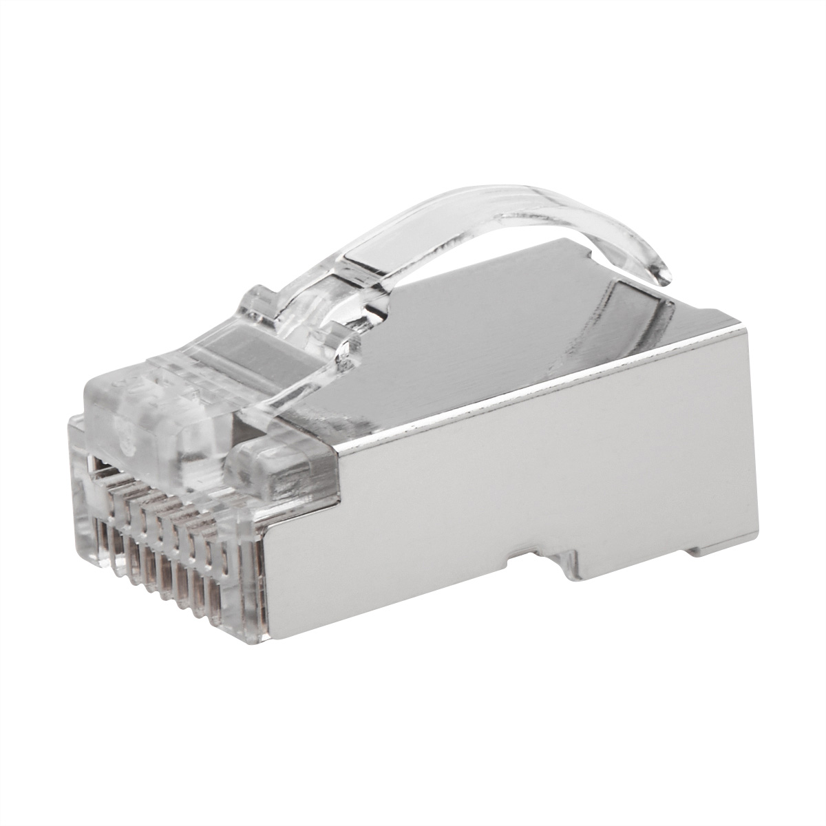 Ein silberner Ethernet-Stecker mit transparentem Gehäuse und Verriegelungshebel.