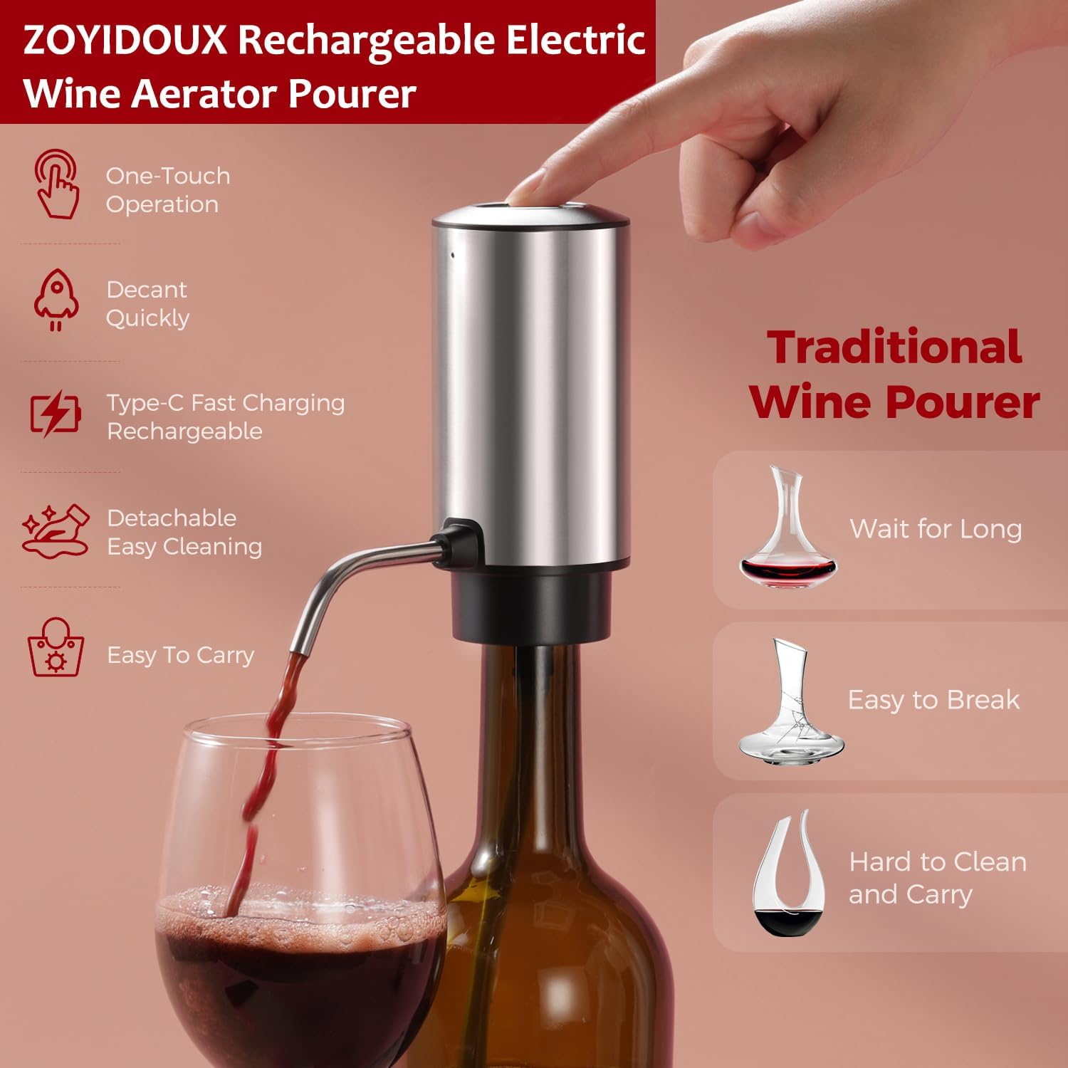 Elektrischer Weinbelüfter-Ausgießer: Rotwein wird in ein Glas gegossen.