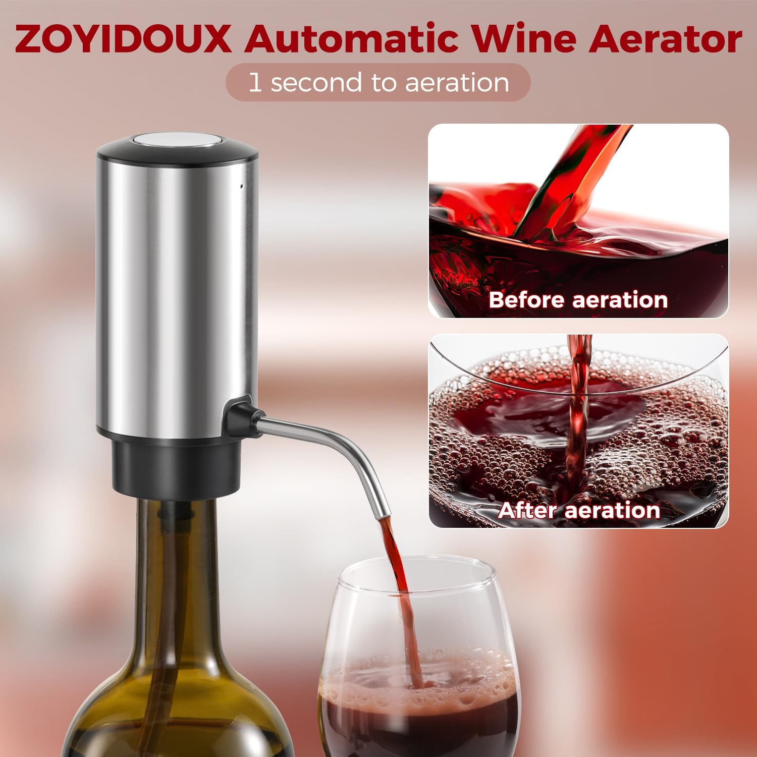 Automatischer Weinbelüfter, der Rotwein in ein Glas gießt. Zeigt Vorher- und Nachher-Belüftung.