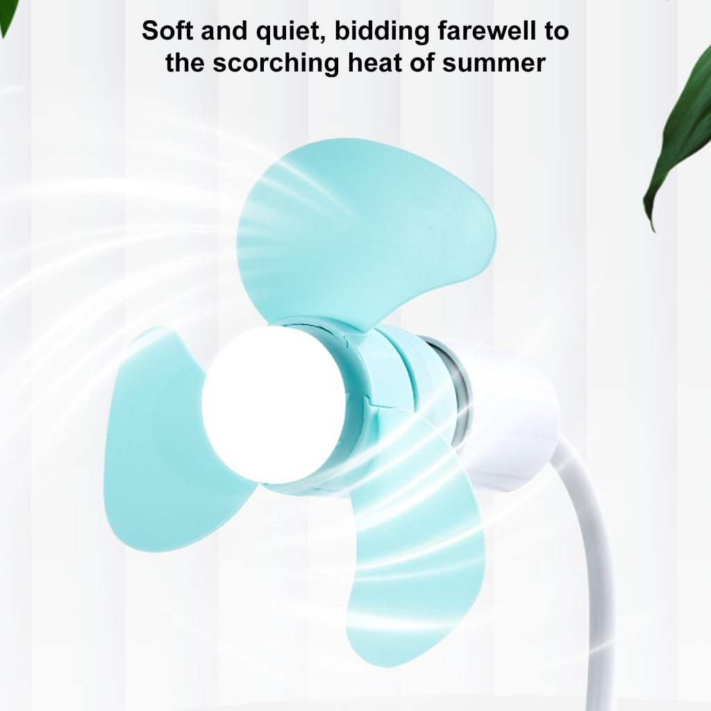 Ein hellblauer Ventilator mit drei Blättern erzeugt Luftstromlinien.