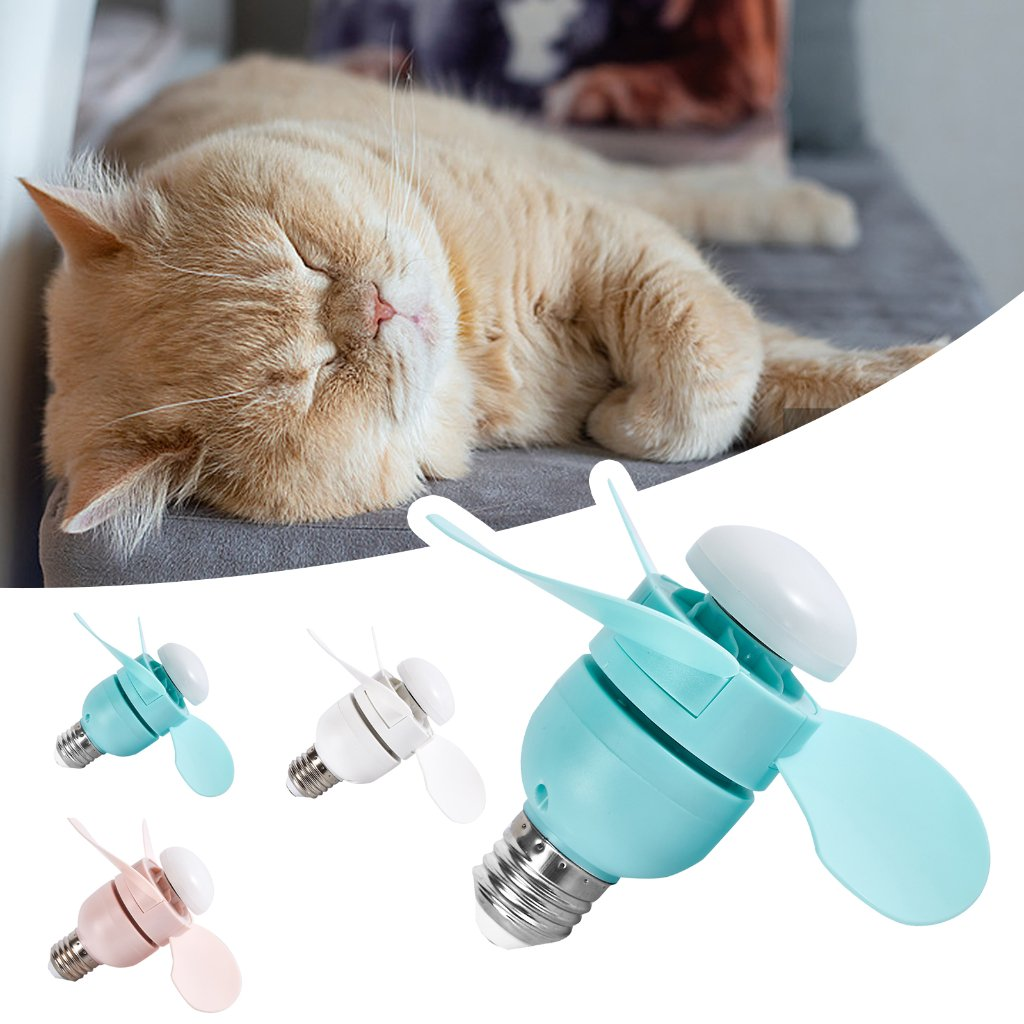 Ein schlafende Katze neben kleinen Ventilatoren in Blau, Weiß und Rosa.