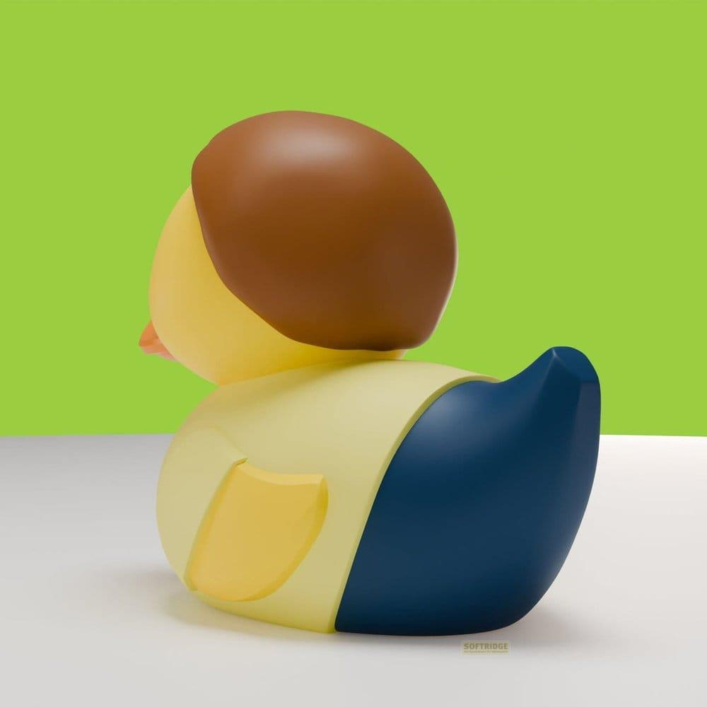 Eine gelbe Gummiente mit braunem Kopf und dunkelblauem Körperteil.