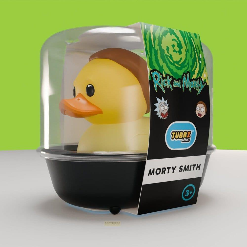 Gelbe Quietscheente mit braunen Haaren in Verpackung, Rick and Morty-Design.