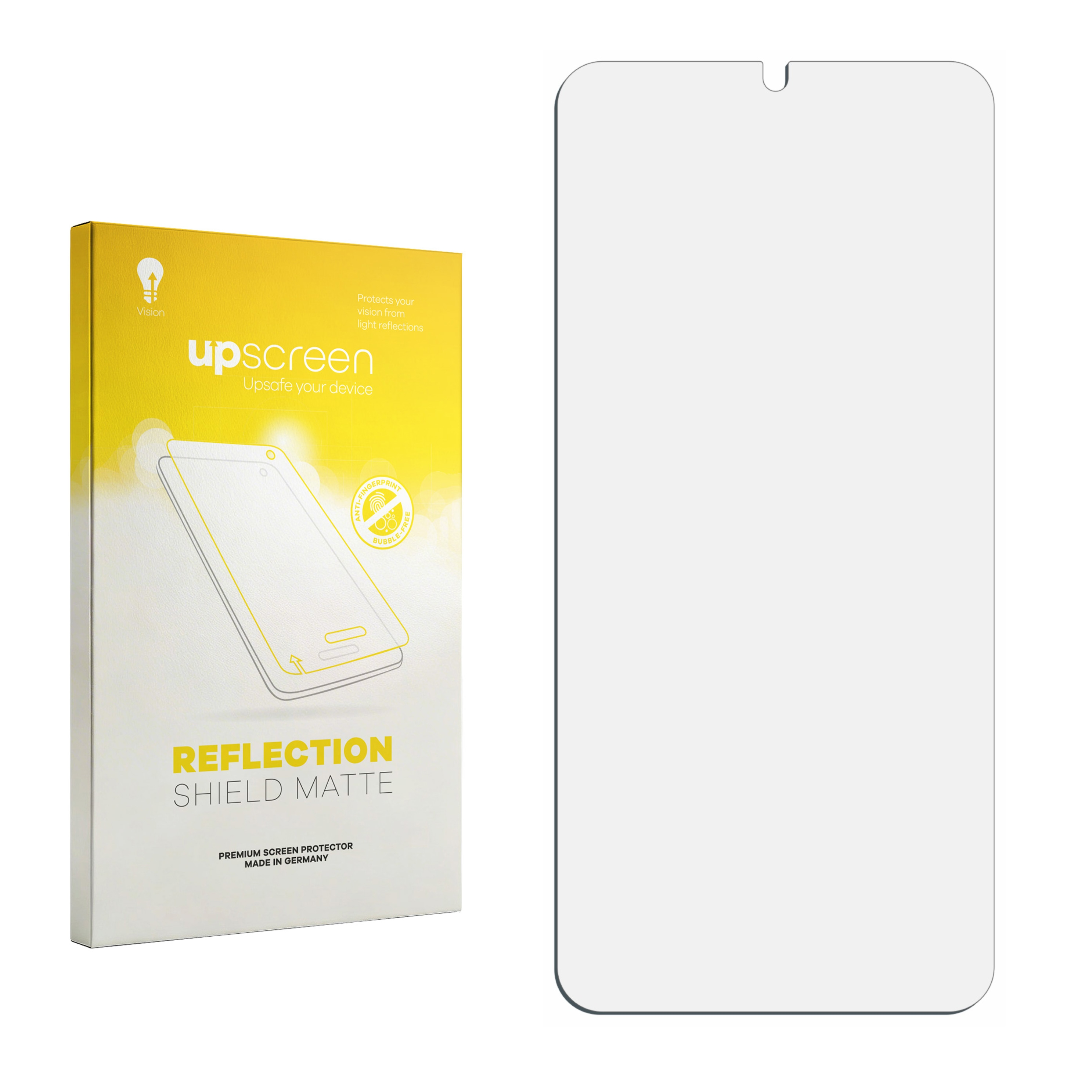 Gelbe Verpackung links, Bildschirmschutz rechts. Beschriftung: upscreen, Reflection Shield Matte.