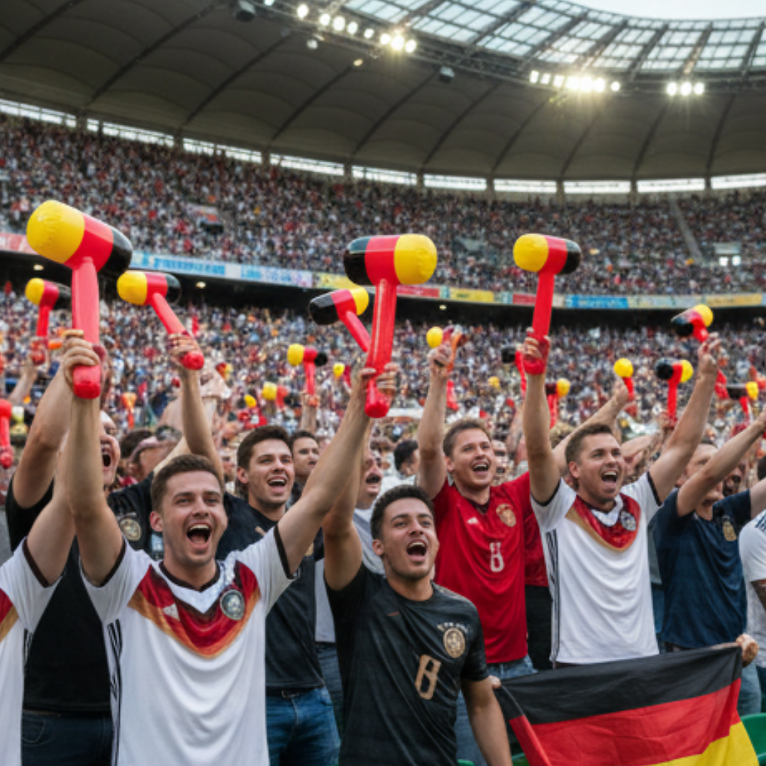 Fans in Deutschland-Trikots jubeln mit aufblasbaren Hämmern im Stadion.