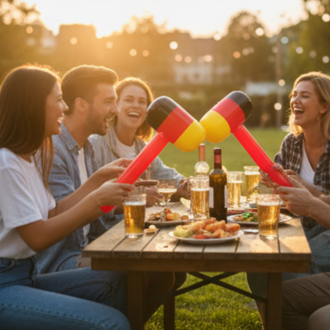 Freunde stoßen mit aufblasbaren Deutschland-Schlägern an, Bier und Essen auf dem Tisch.