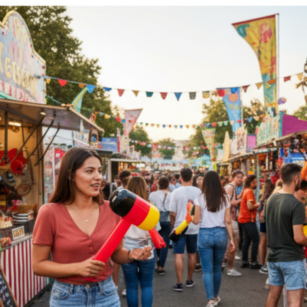 Eine Frau hält einen aufblasbaren Hammer in den Farben der deutschen Flagge auf einem Jahrmarkt.
