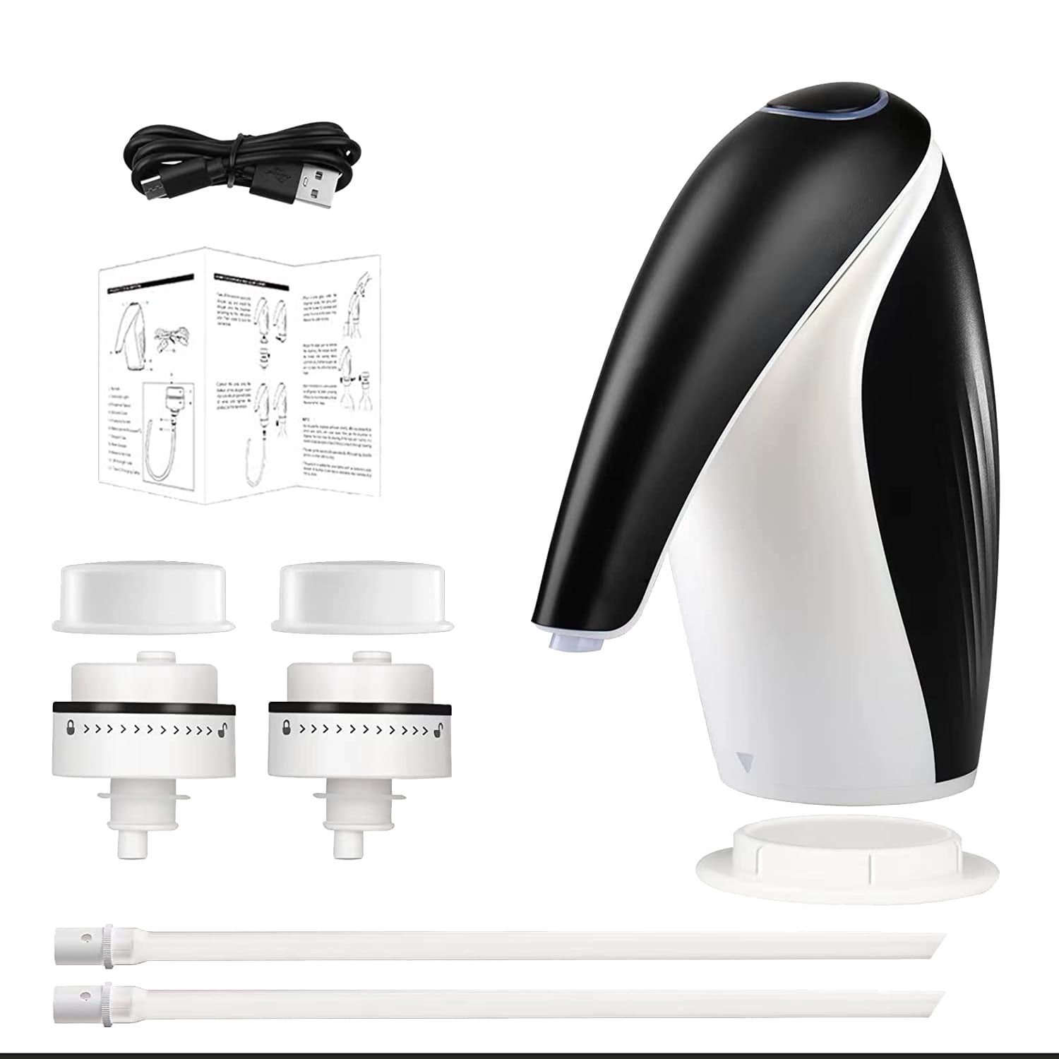 Schwarzer und weißer Wasserpumpenspender mit Zubehör und Anleitung.