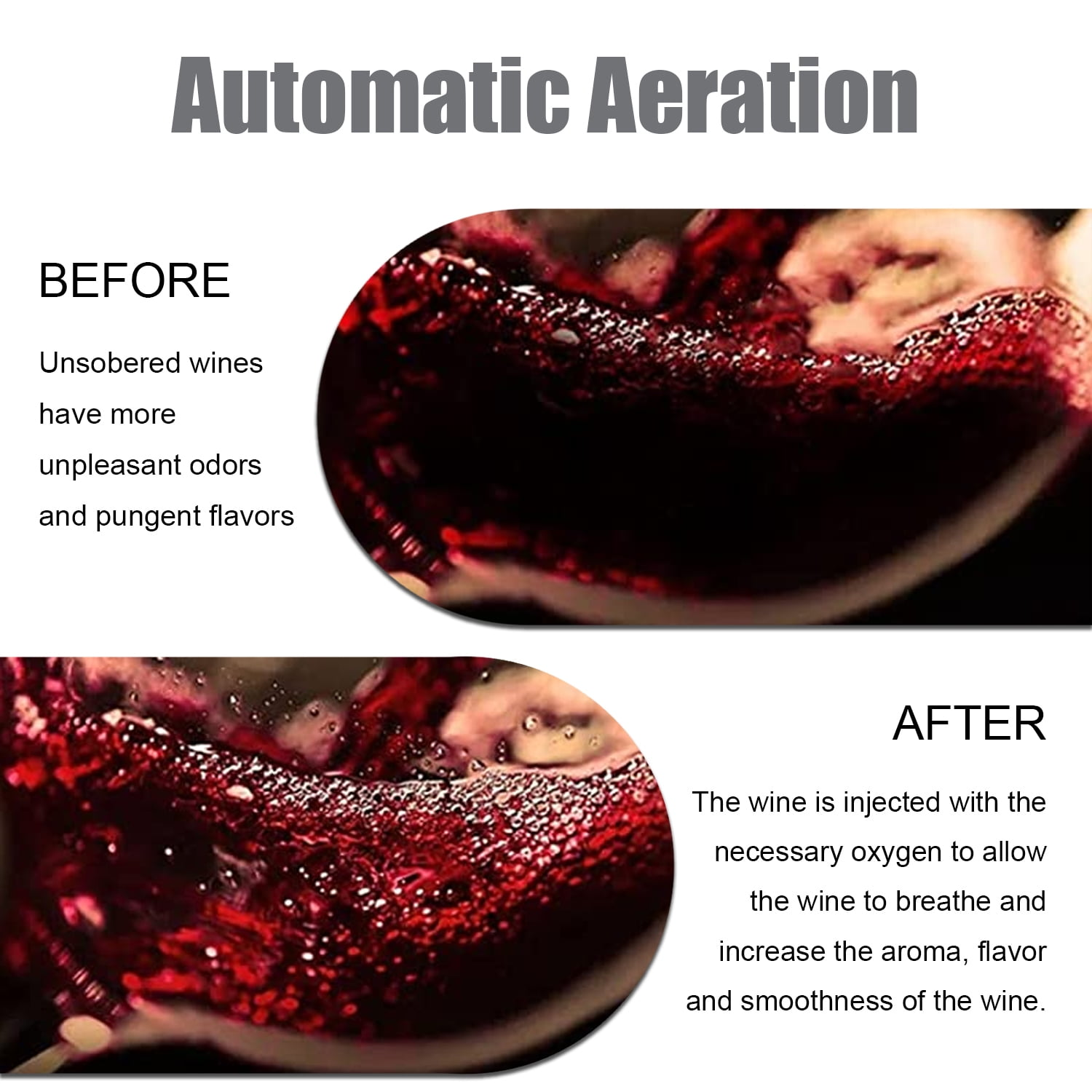 Vorher/Nachher-Vergleich von Wein, der belüftet wird, um Aroma zu verbessern.