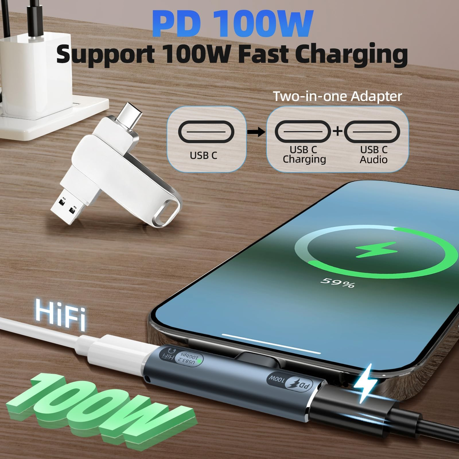 Ein USB-C-Adapter mit PD 100W Ladefunktion und Kopfhöreranschluss, der ein Smartphone lädt.