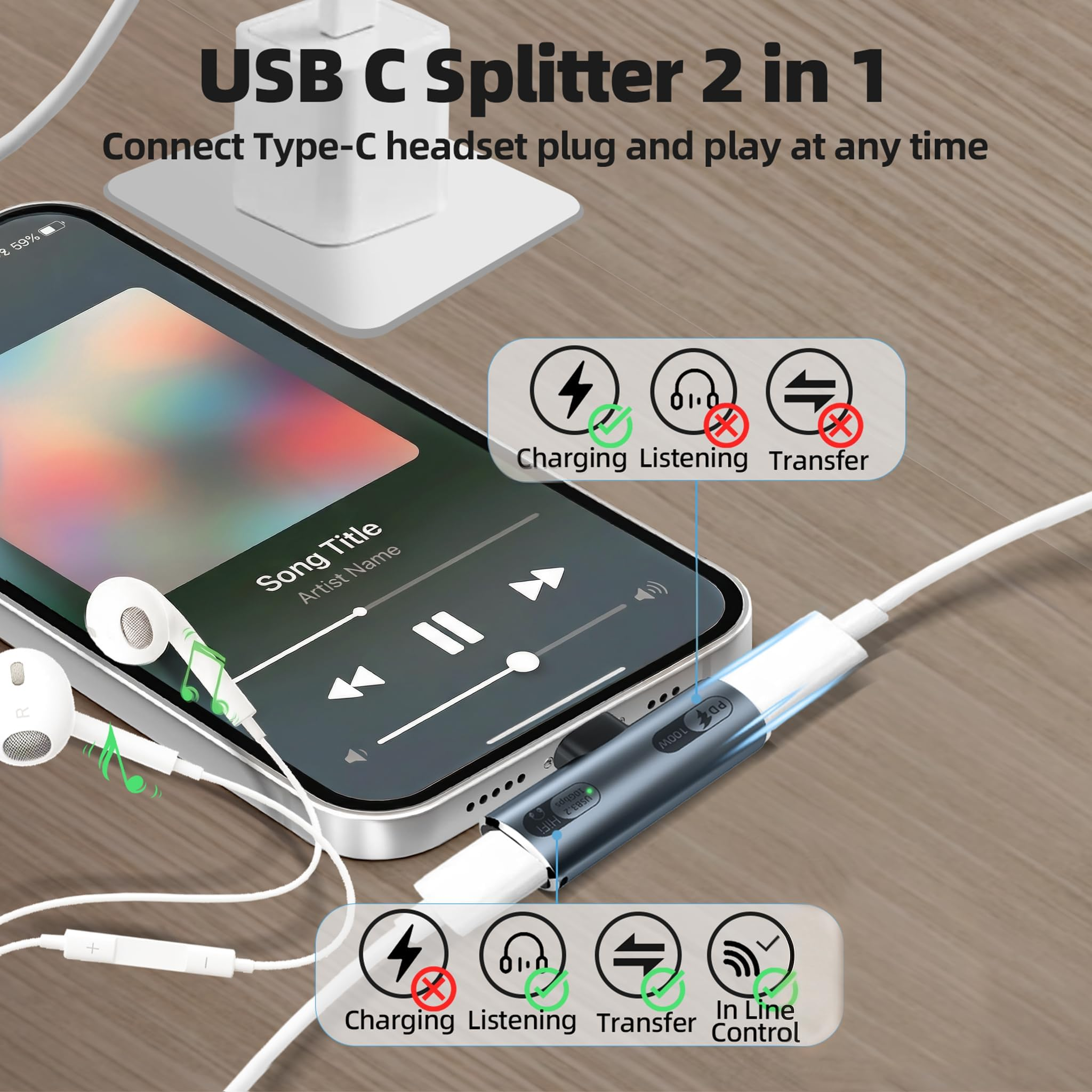 USB-C-Splitter 2-in-1 mit Smartphone, Kopfhörern und Ladekabel.
