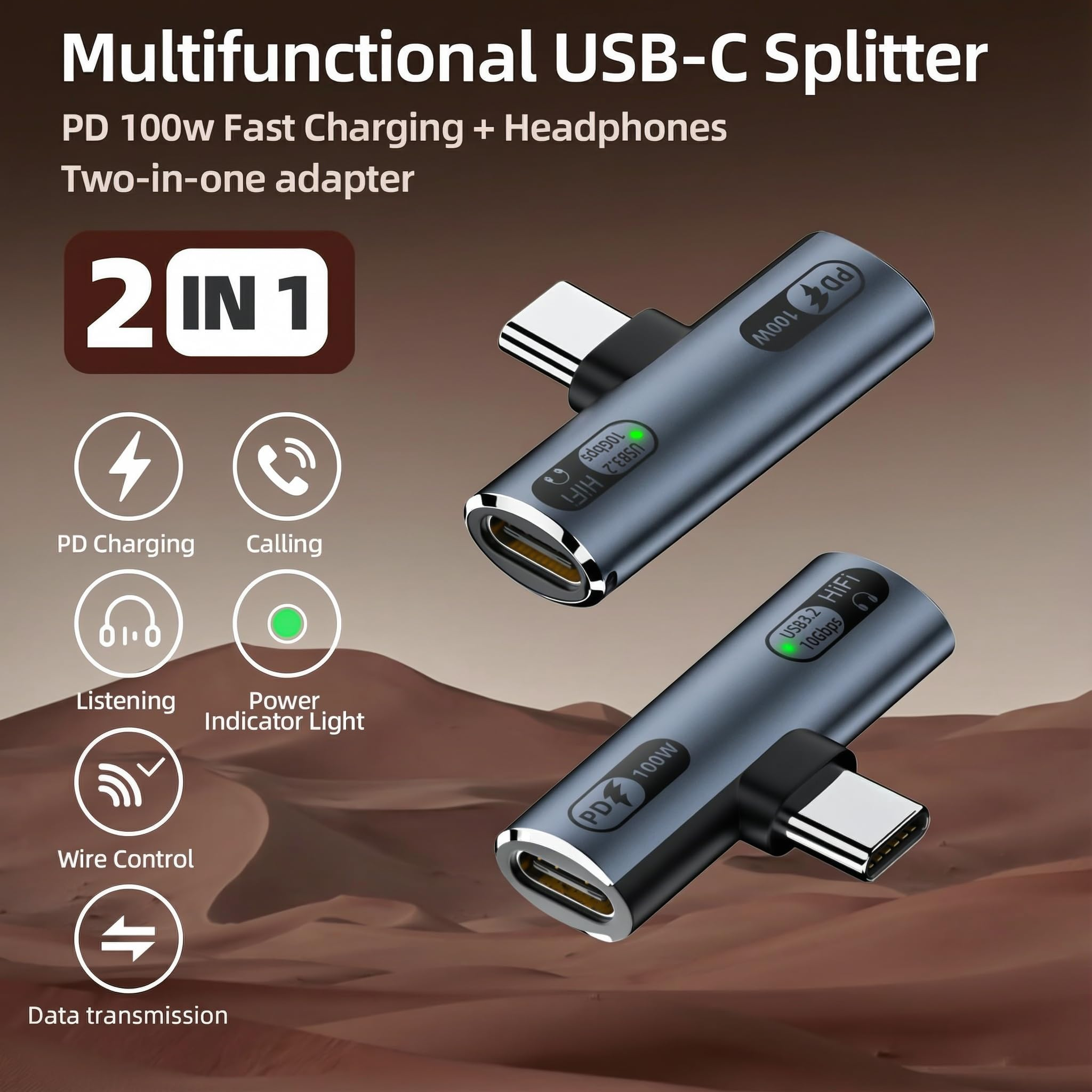 Grauer USB-C-Splitter mit zwei Anschlüssen für Laden und Kopfhörer.