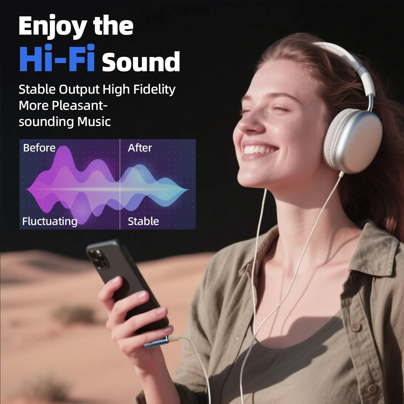 Eine Frau mit Kopfhörern hört Musik von ihrem Handy, daneben eine Klangwellen-Grafik.
