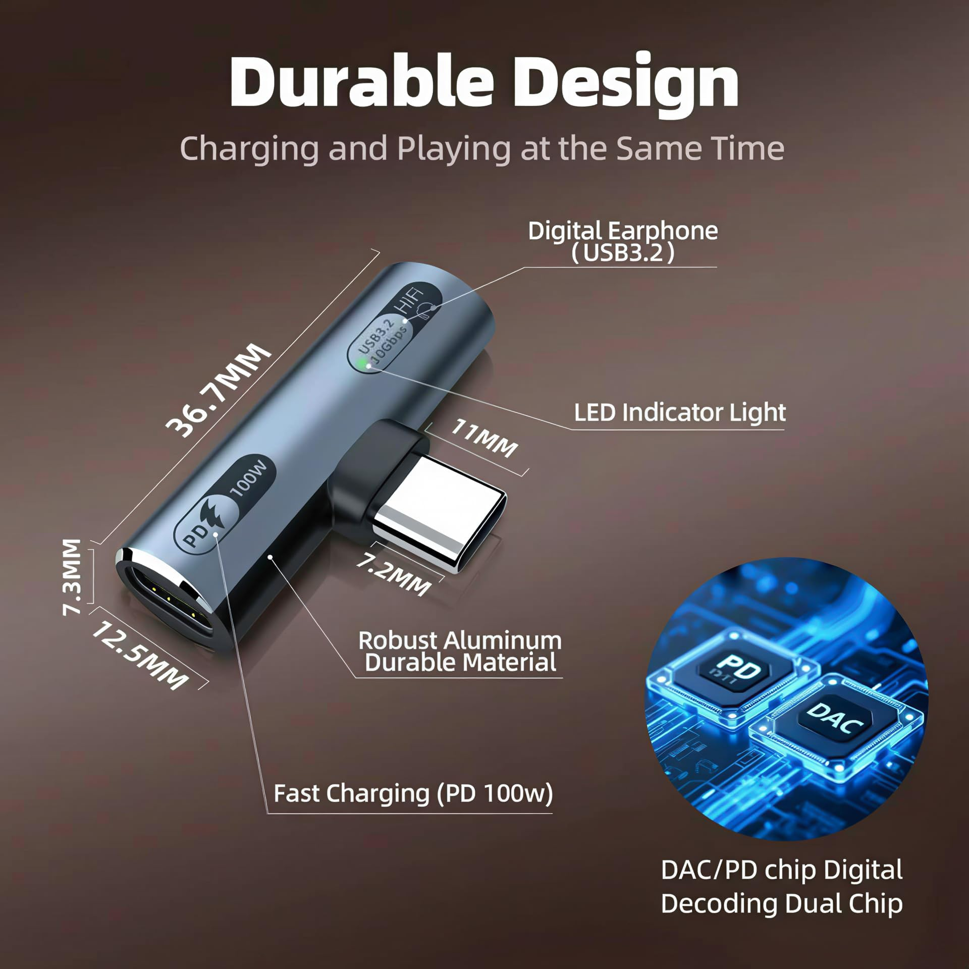 Grauer USB-C-Adapter mit PD 100W und DAC/PD-Chip, 36,7mm lang.