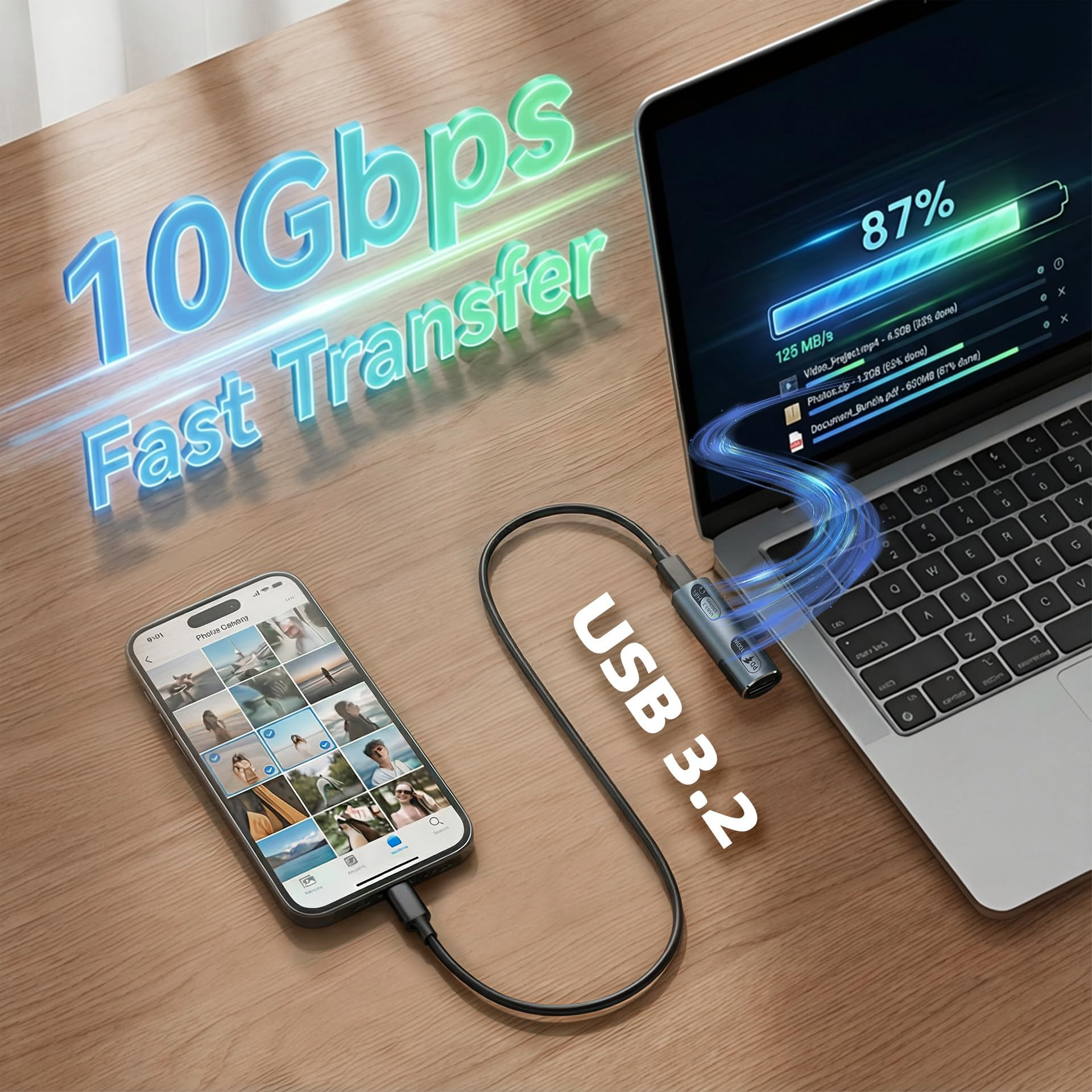 Telefon und Laptop über USB 3.2 für 10 Gbit/s schnellen Transfer verbunden.