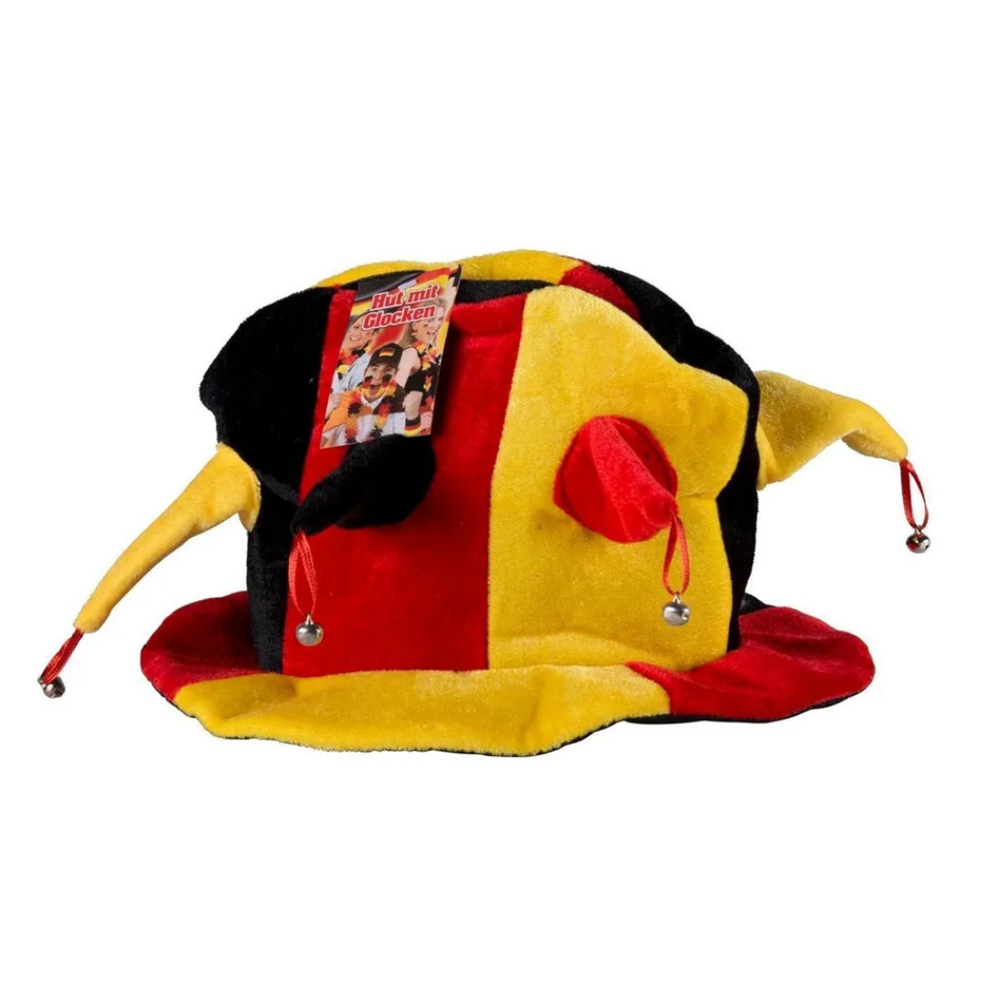 Ein bunter Narrenhut in Schwarz, Rot und Gelb mit Glöckchen und einem Anhänger.