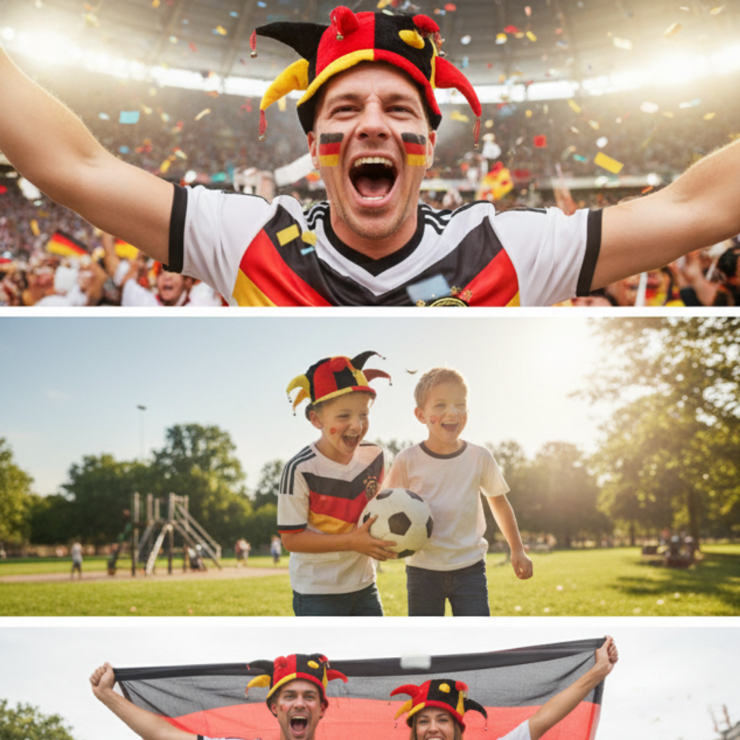 Fußballfans in Deutschland-Trikots und Narrenkappen jubeln im Stadion.
