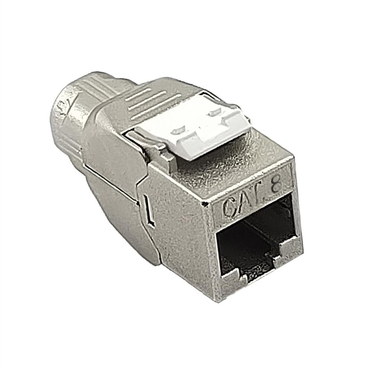 Ein silberner CAT 8 Ethernet Keystone-Anschluss mit weißem Stecker.