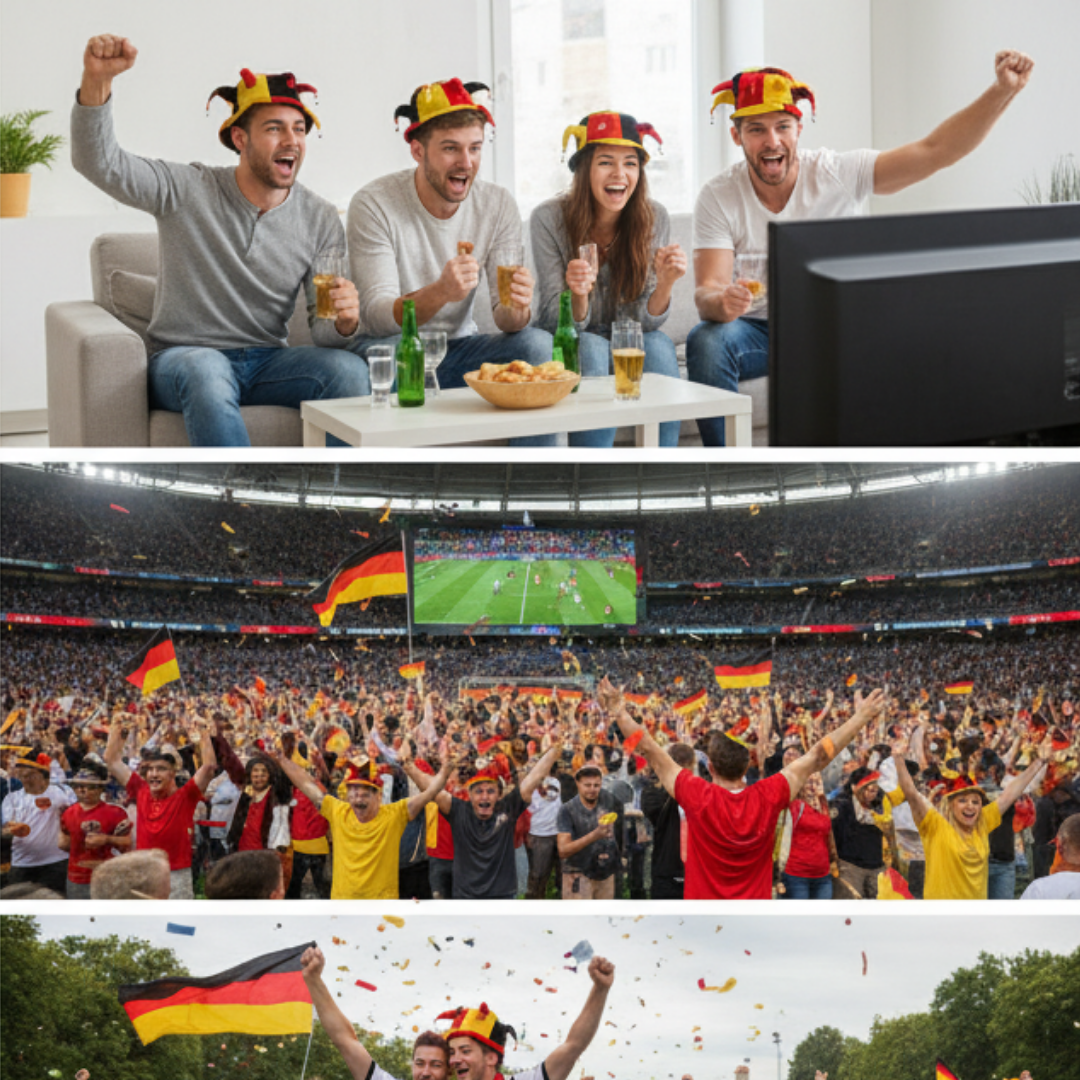Fans jubeln zu Hause, im Stadion und draußen. Deutsche Flaggen werden geschwenkt.