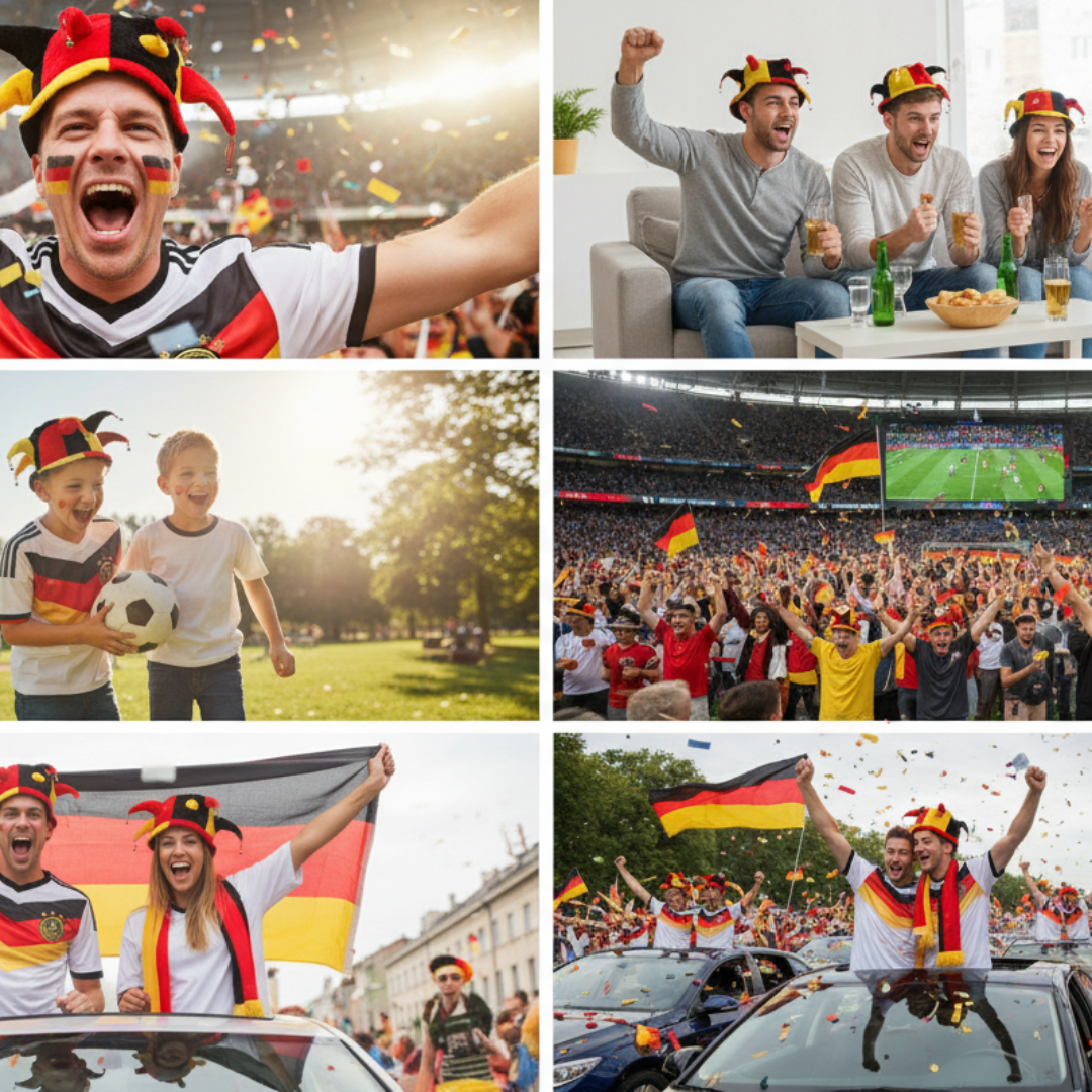 Eine Collage von deutschen Fußballfans, die jubeln und feiern.